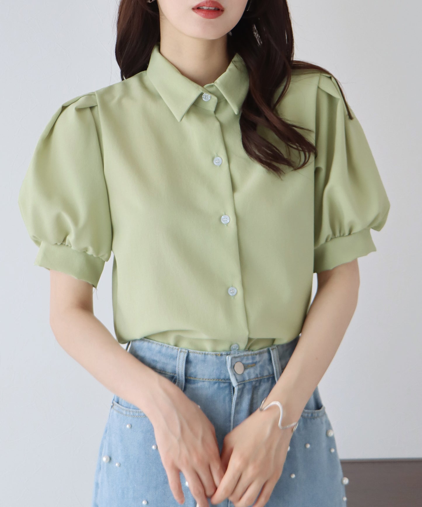 퍼프 슬리브 셔츠 【고양이 포스】