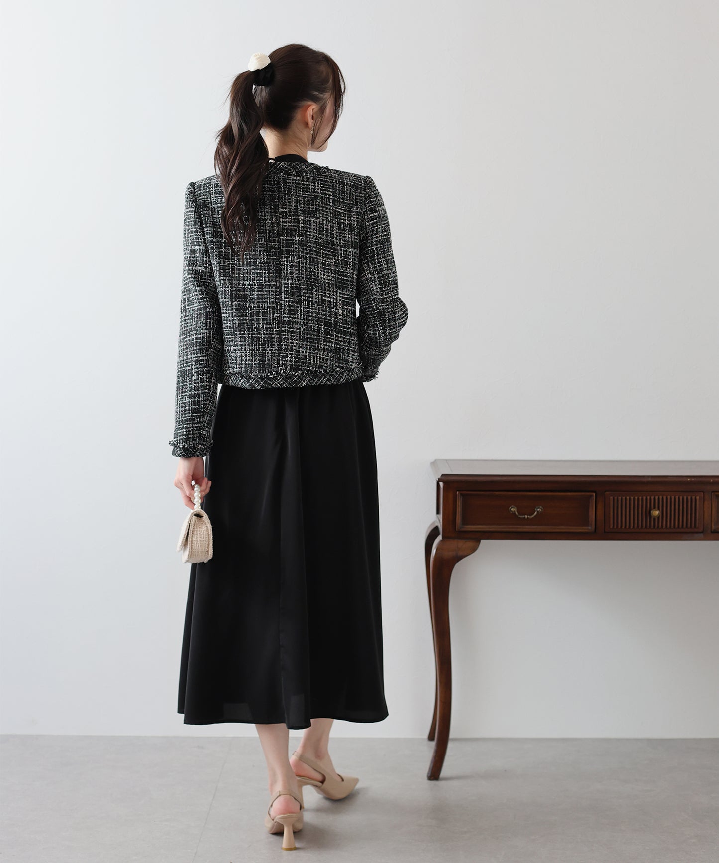【SALE】ミックスツイードノーカラージャケットxスタンドカラータックワンピース