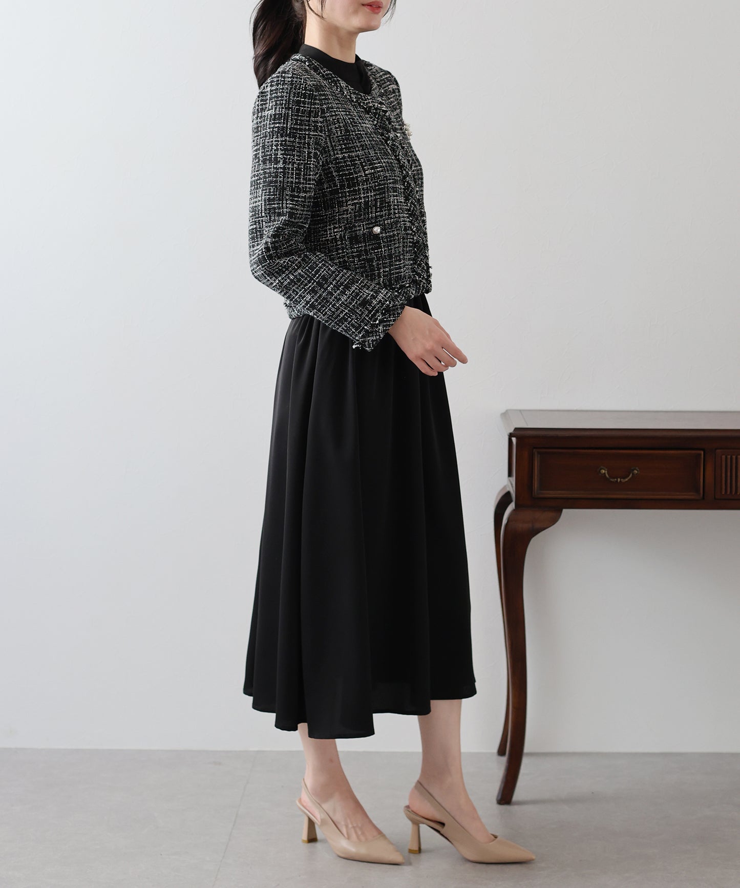 【SALE】ミックスツイードノーカラージャケットxスタンドカラータックワンピース