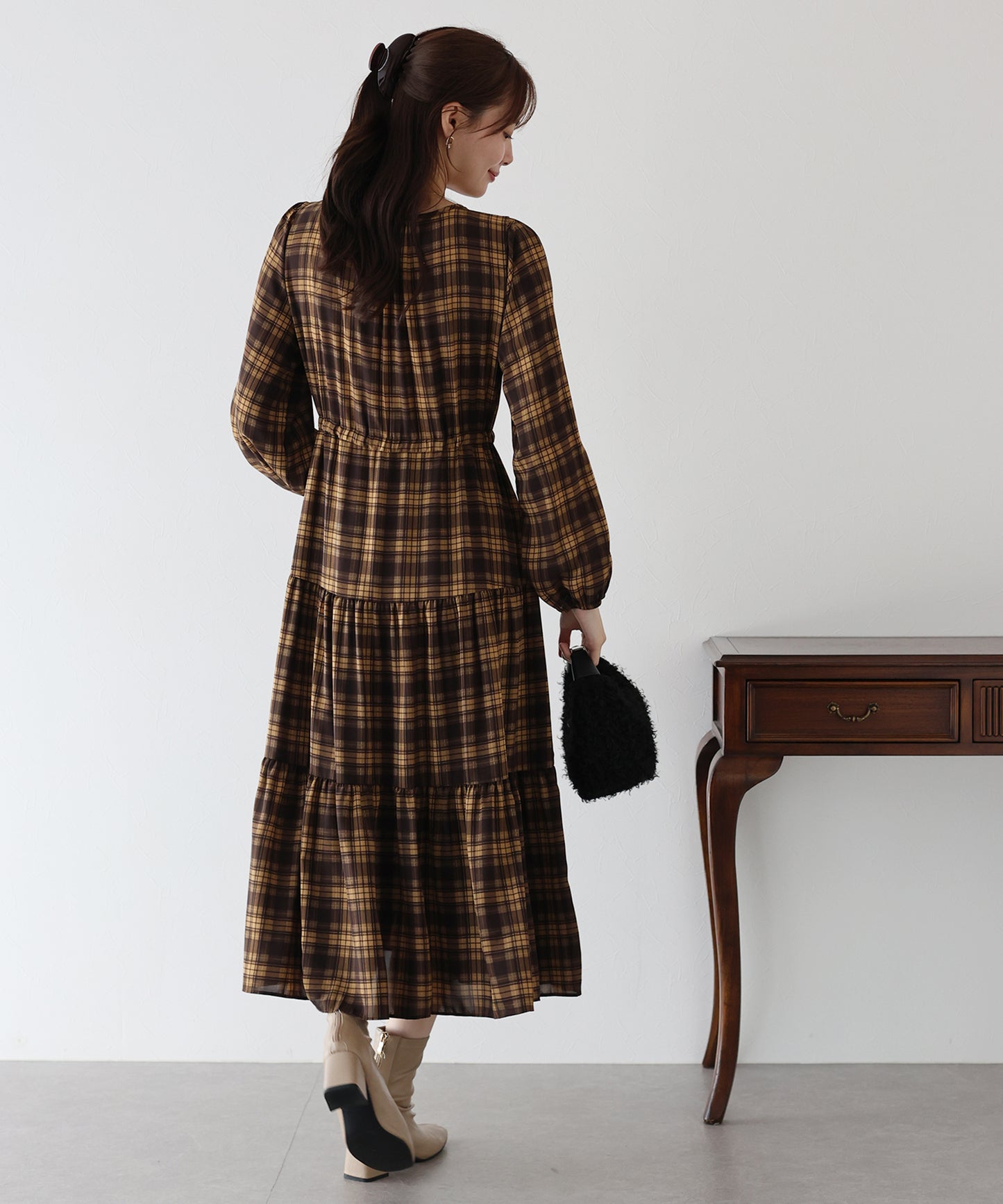 【早割5%OFF】チェック長袖ワンピース