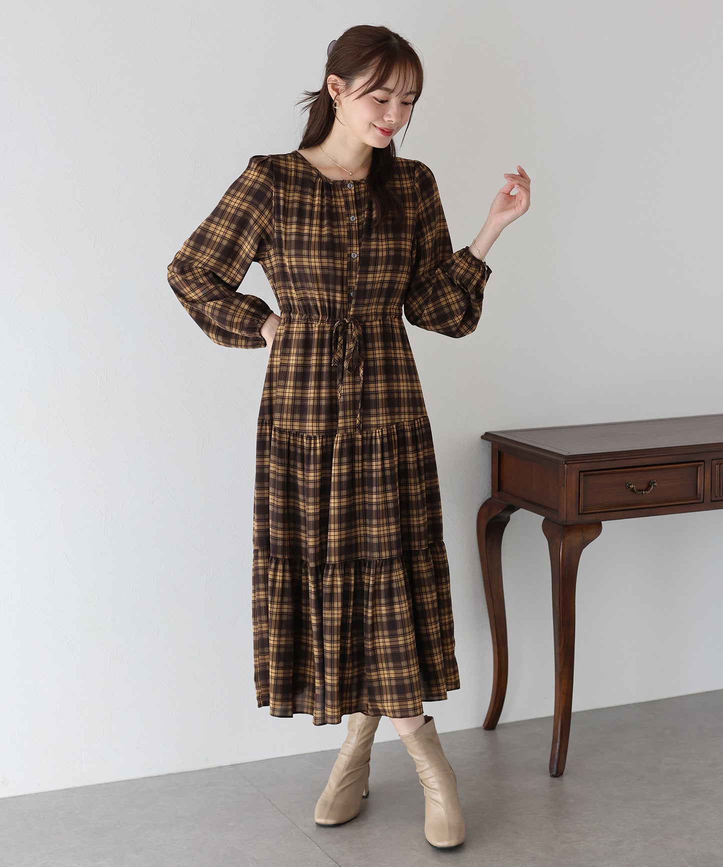 【早割5%OFF】チェック長袖ワンピース