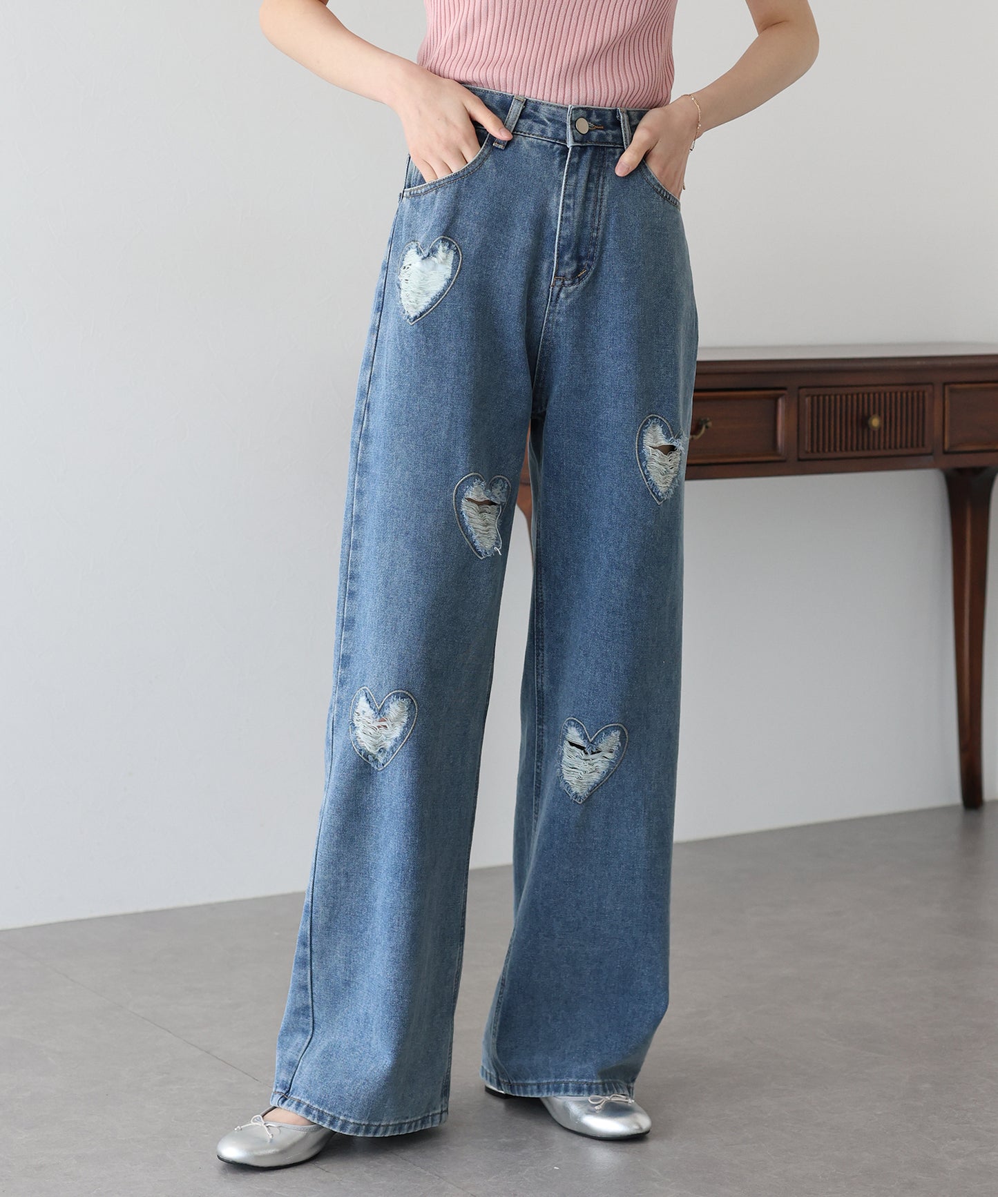【SALE】ハートダメージデニムパンツ