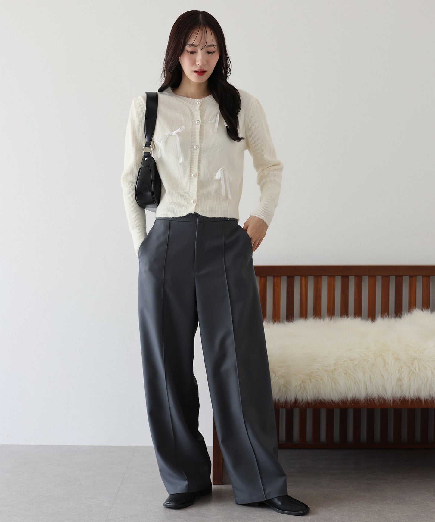 【SALE】リボン付きパールボタンカーディガン