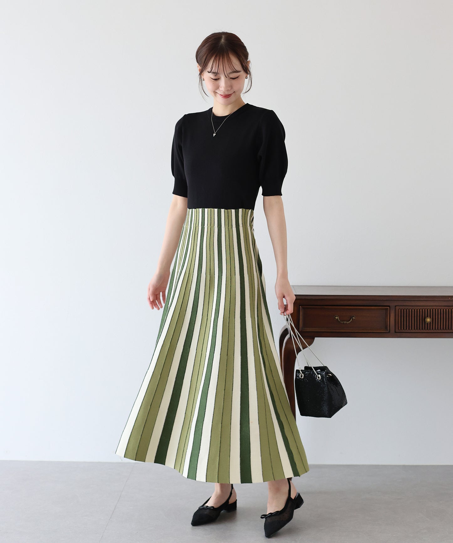 【SALE】配色ストライプニットスカートドッキングワンピース