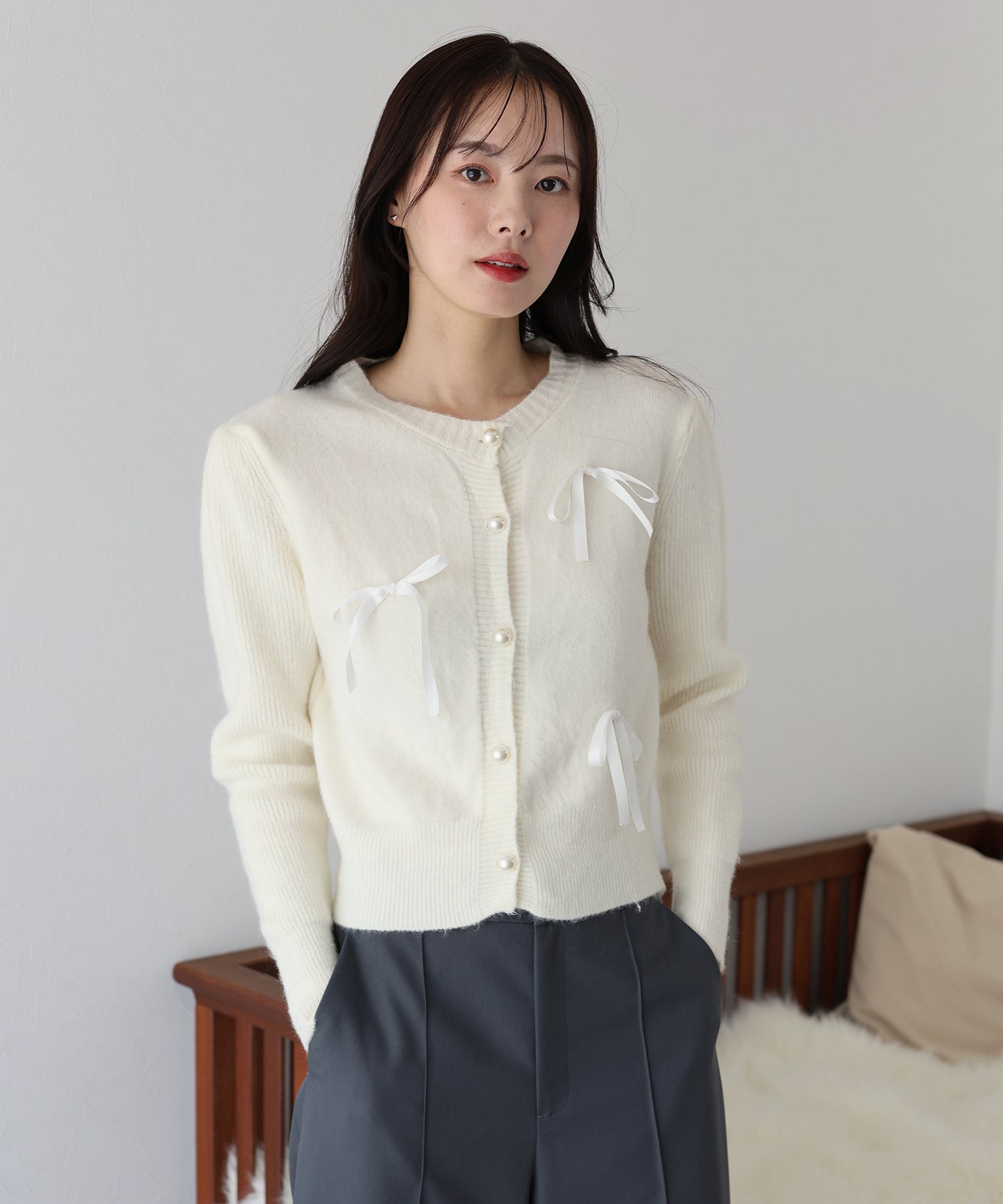 【SALE】リボン付きパールボタンカーディガン