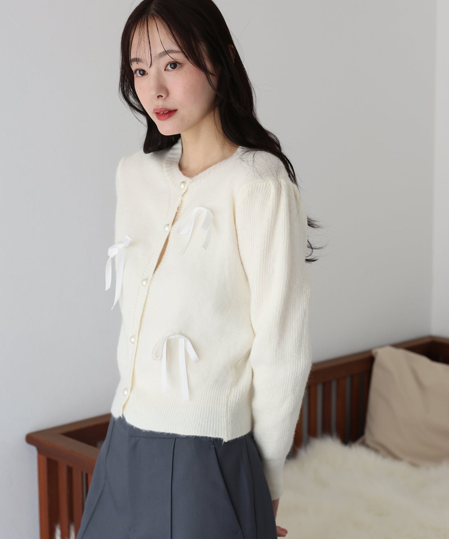 【SALE】リボン付きパールボタンカーディガン