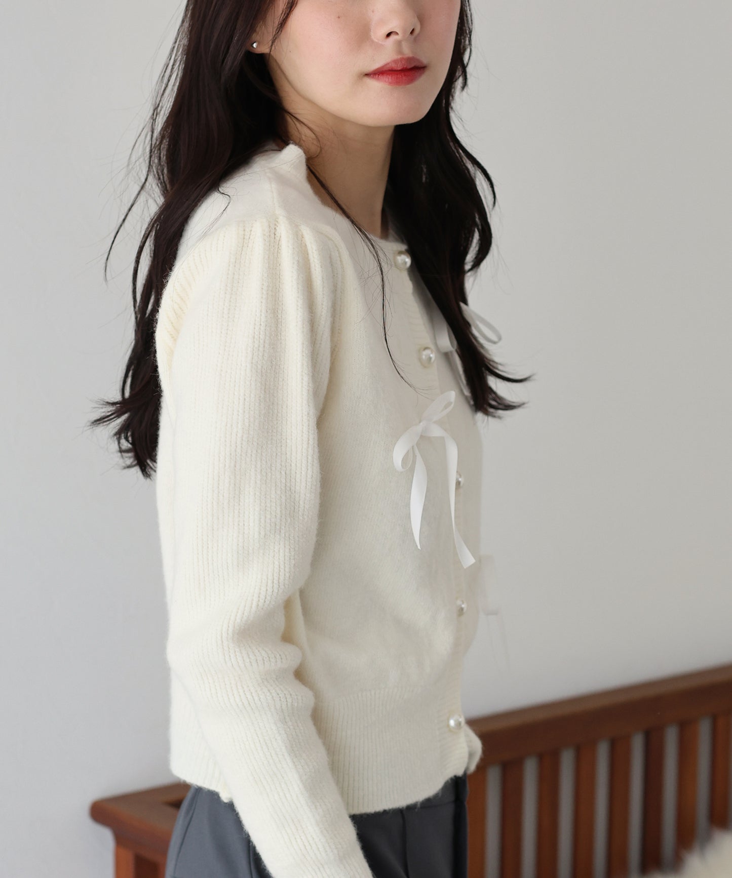 【SALE】リボン付きパールボタンカーディガン