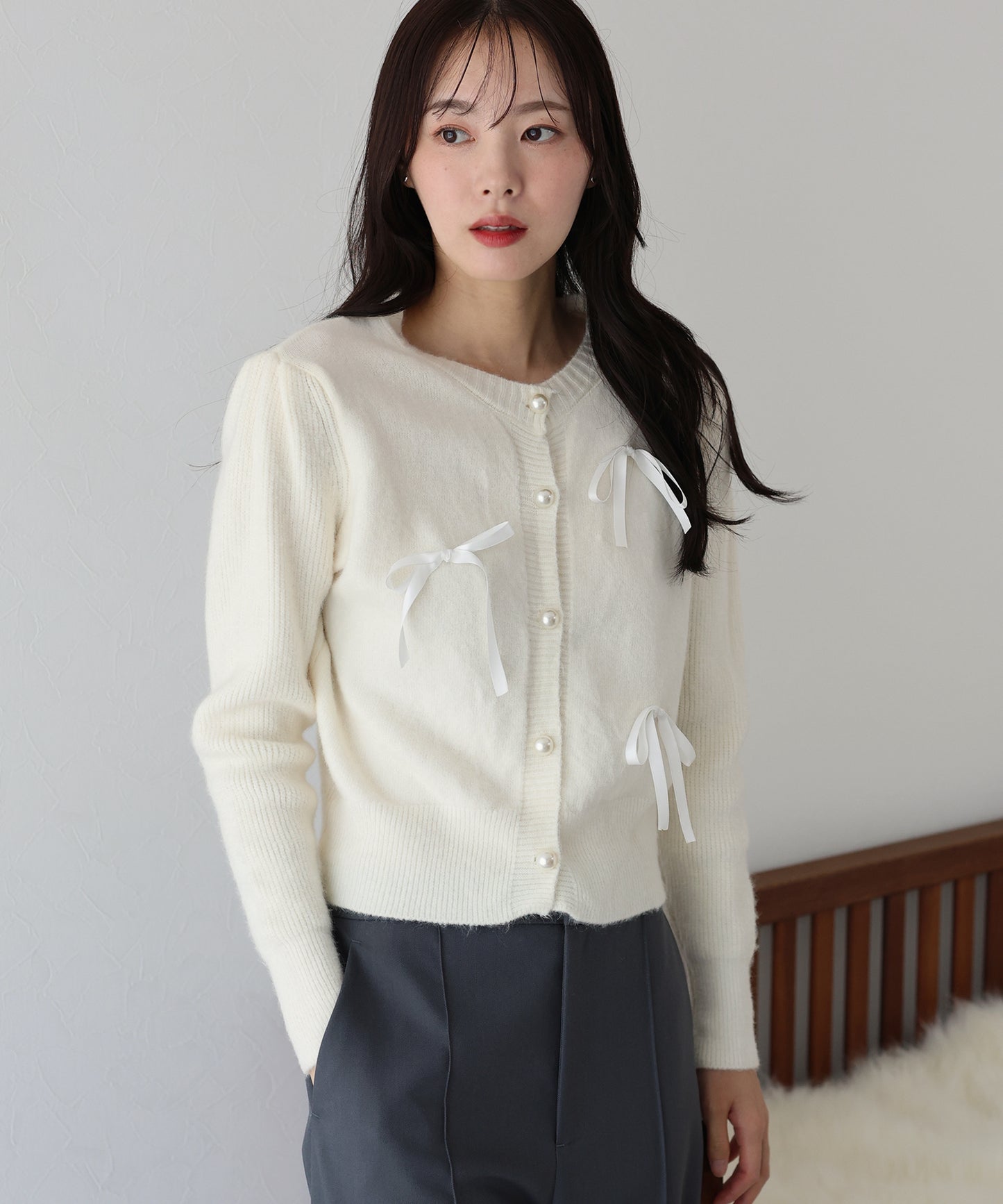 【SALE】リボン付きパールボタンカーディガン