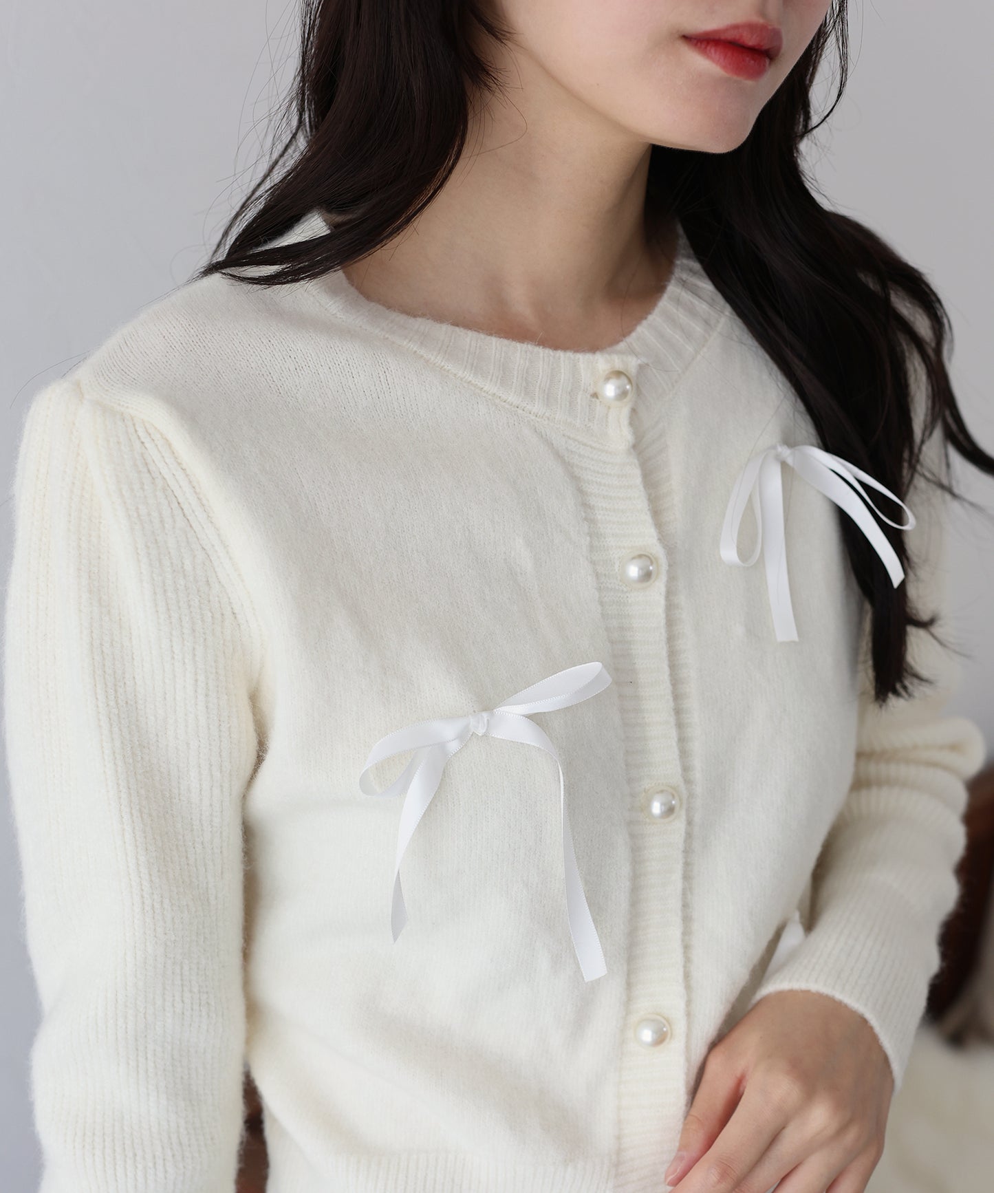 【SALE】リボン付きパールボタンカーディガン