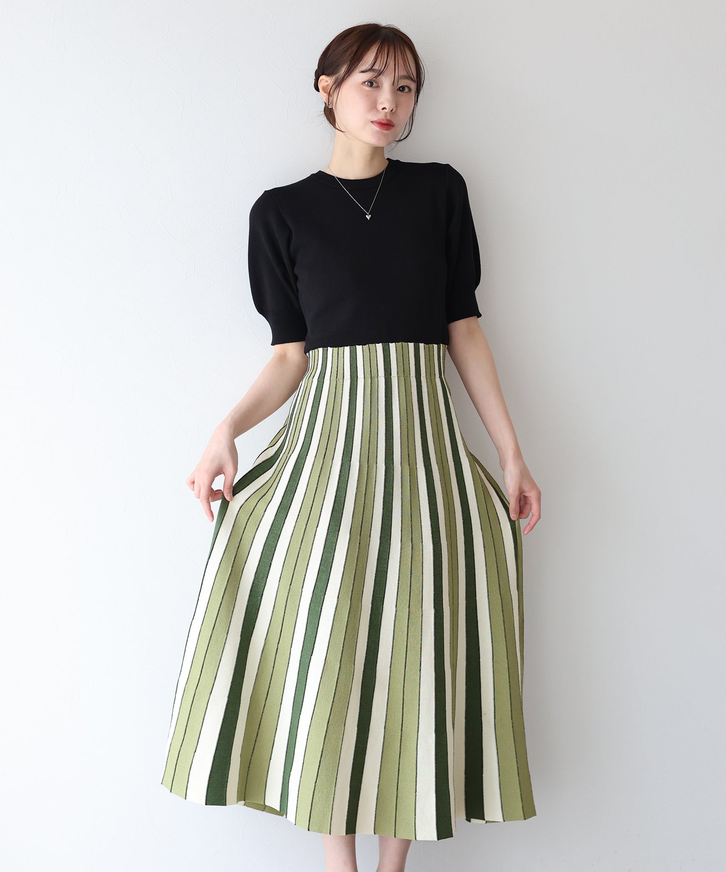 【SALE】配色ストライプニットスカートドッキングワンピース
