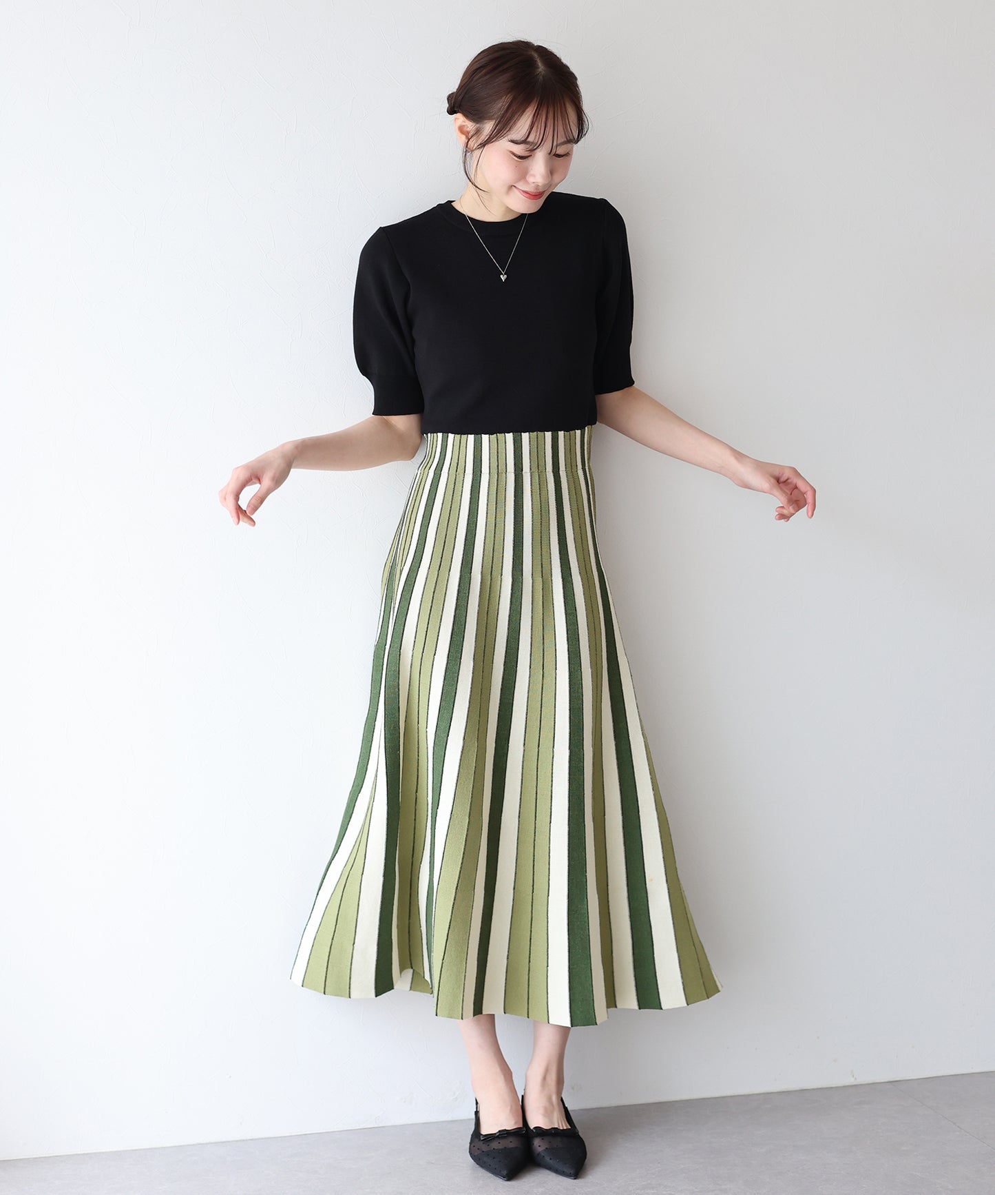 【SALE】配色ストライプニットスカートドッキングワンピース