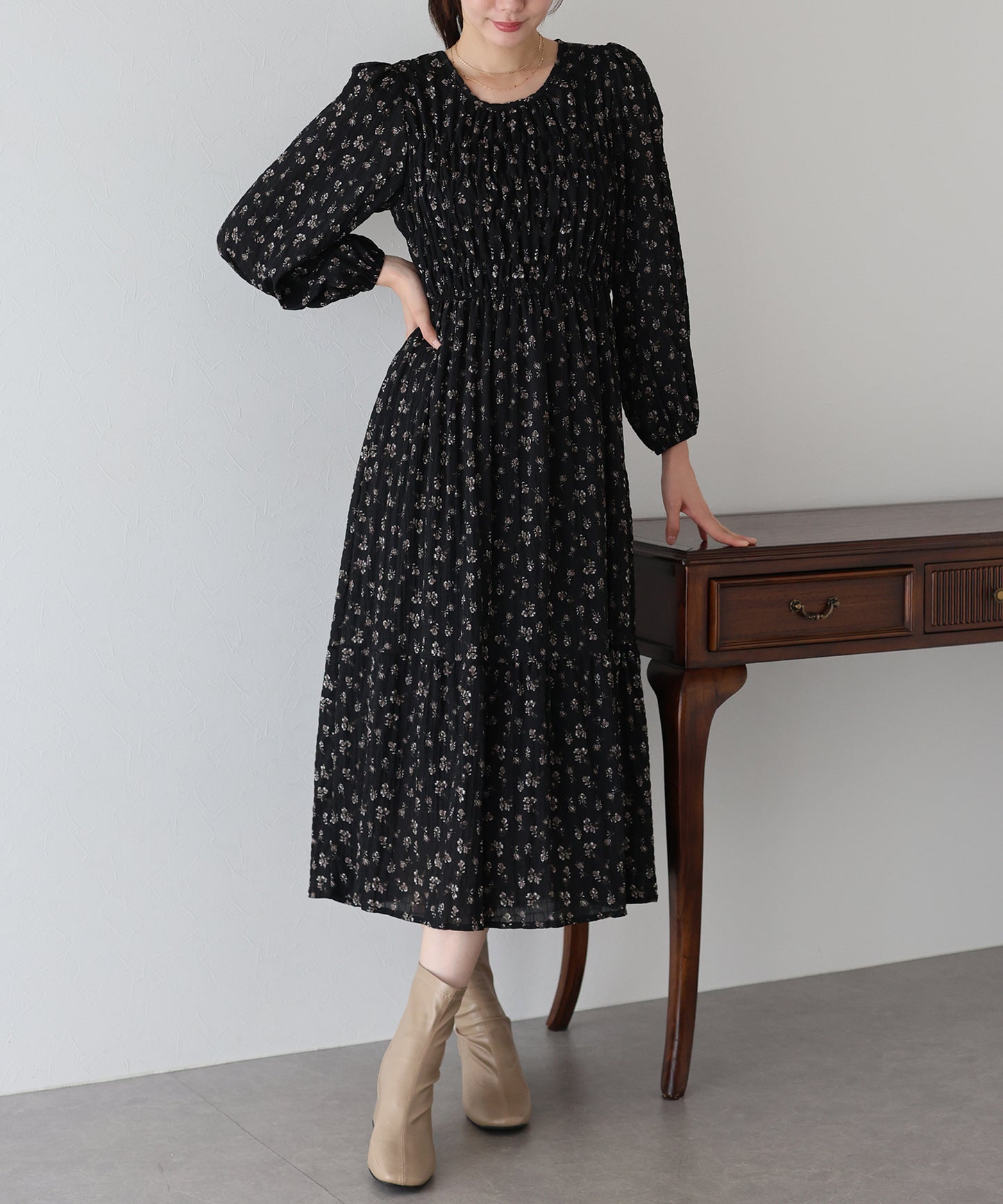 【早割5%OFF】花柄シャーリングワンピース
