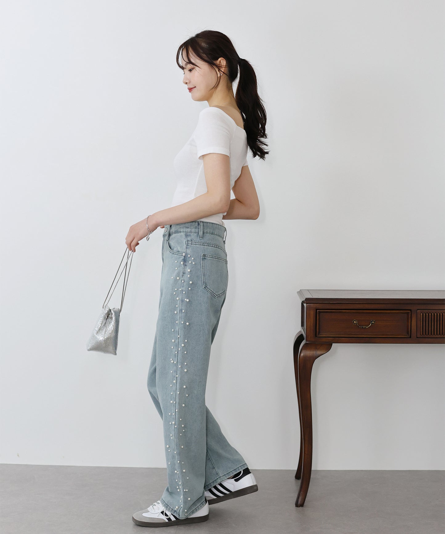 2TYPEストーン&パールデニムパンツ