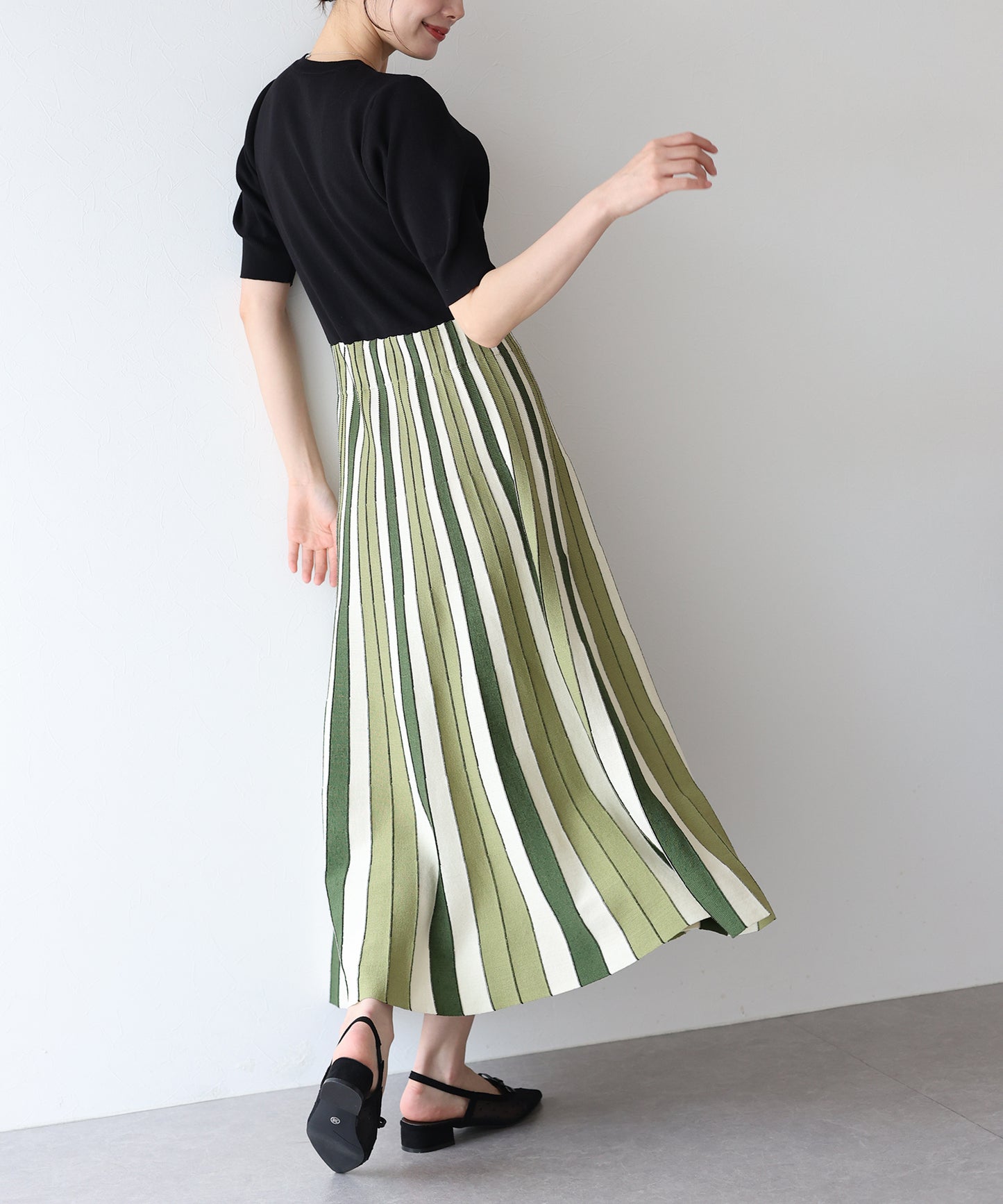【SALE】配色ストライプニットスカートドッキングワンピース