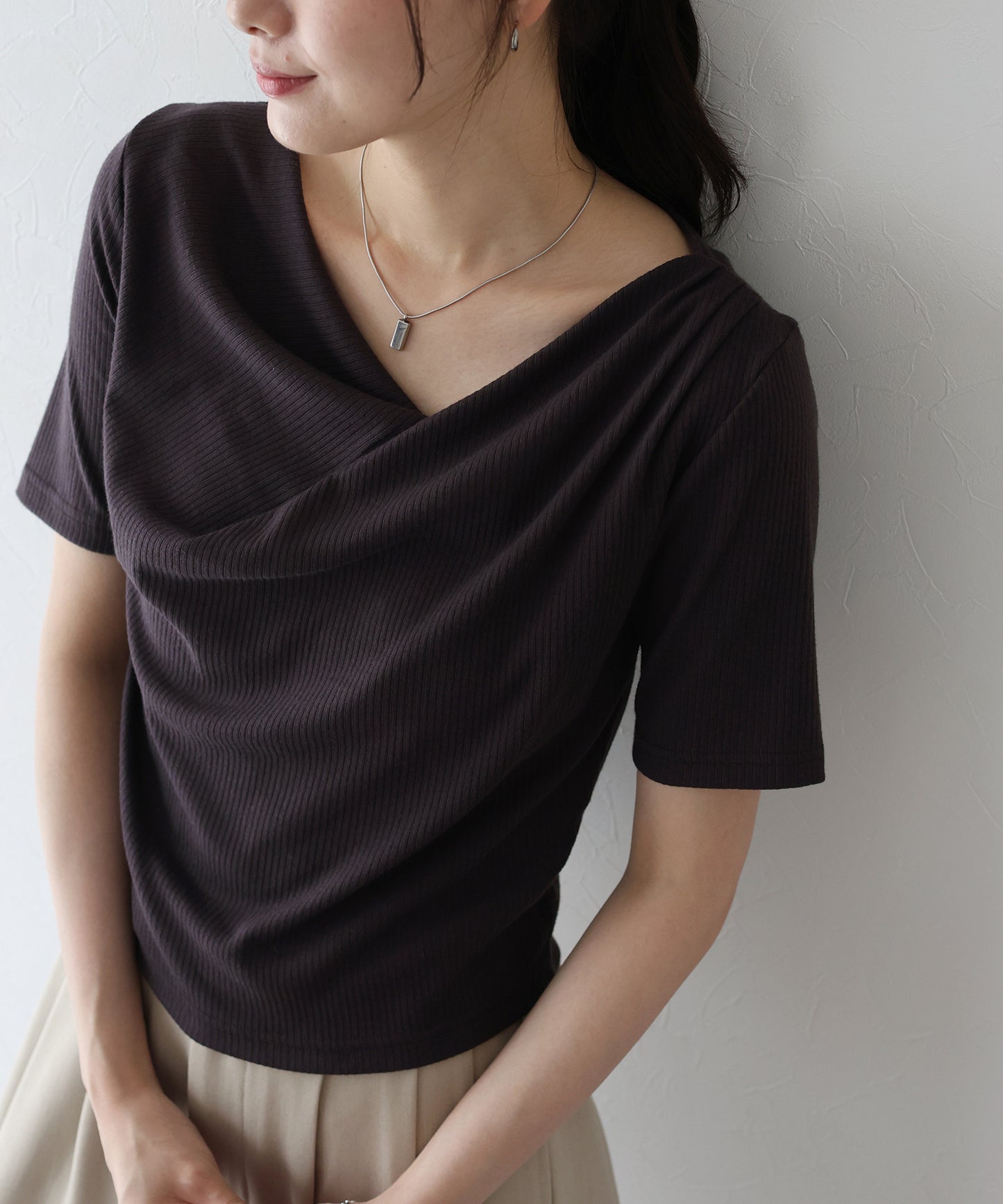 【TIME SALE】ドレープネックリブTシャツ【ネコポス】