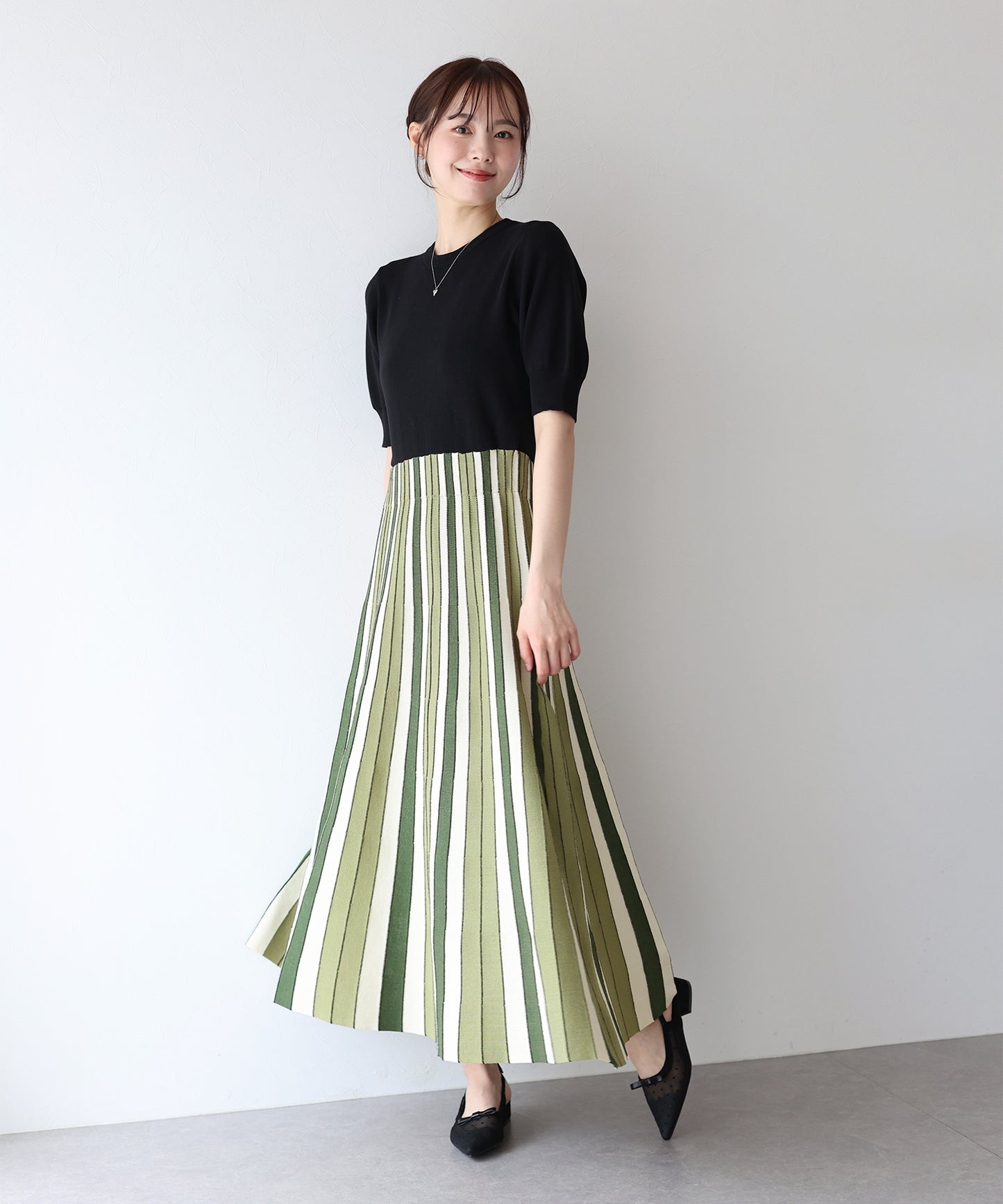 【SALE】配色ストライプニットスカートドッキングワンピース