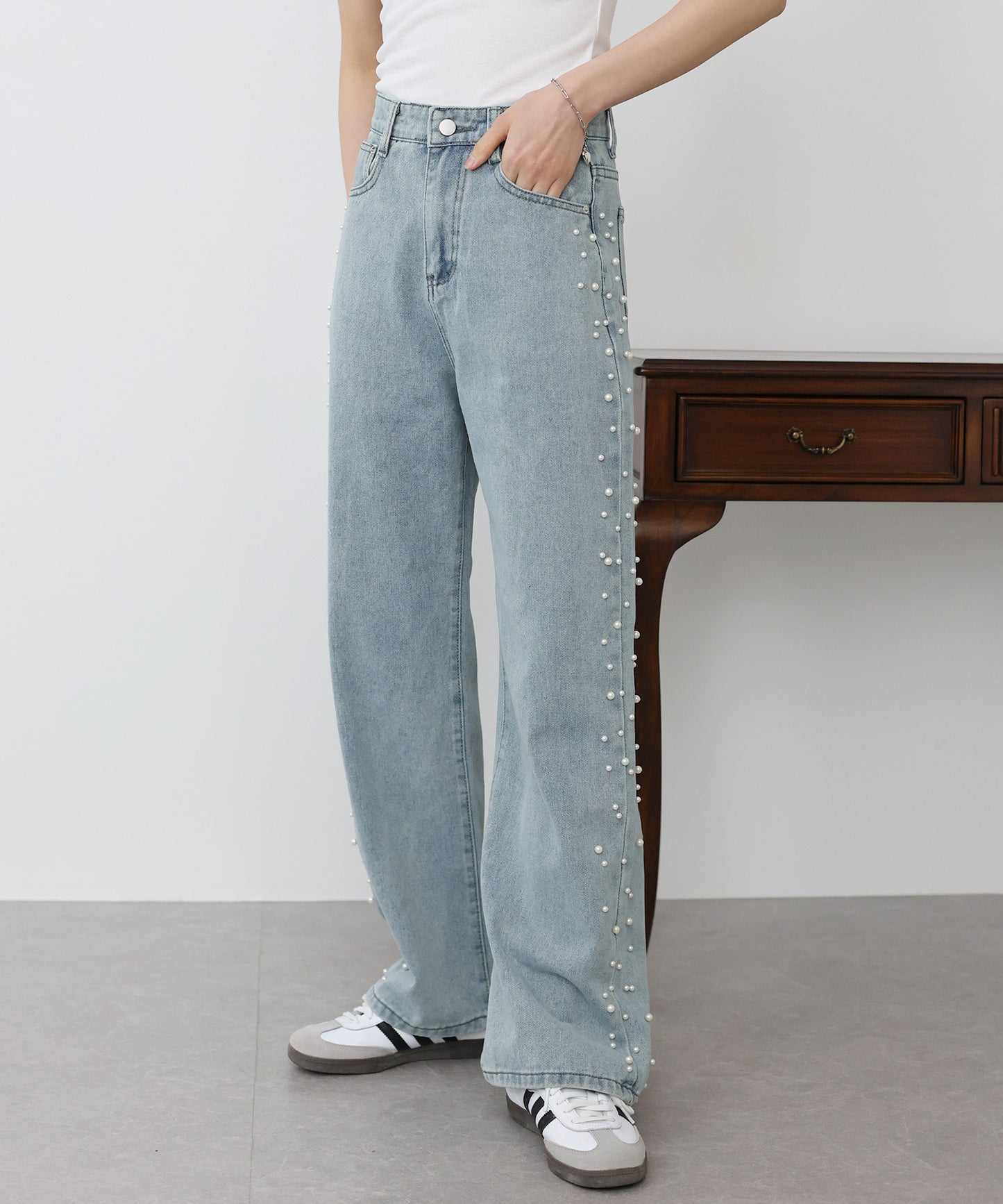 2TYPEストーン&パールデニムパンツ