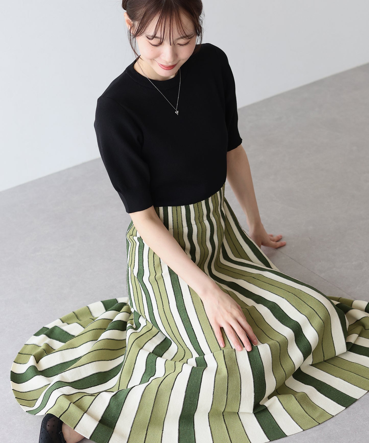 【SALE】配色ストライプニットスカートドッキングワンピース