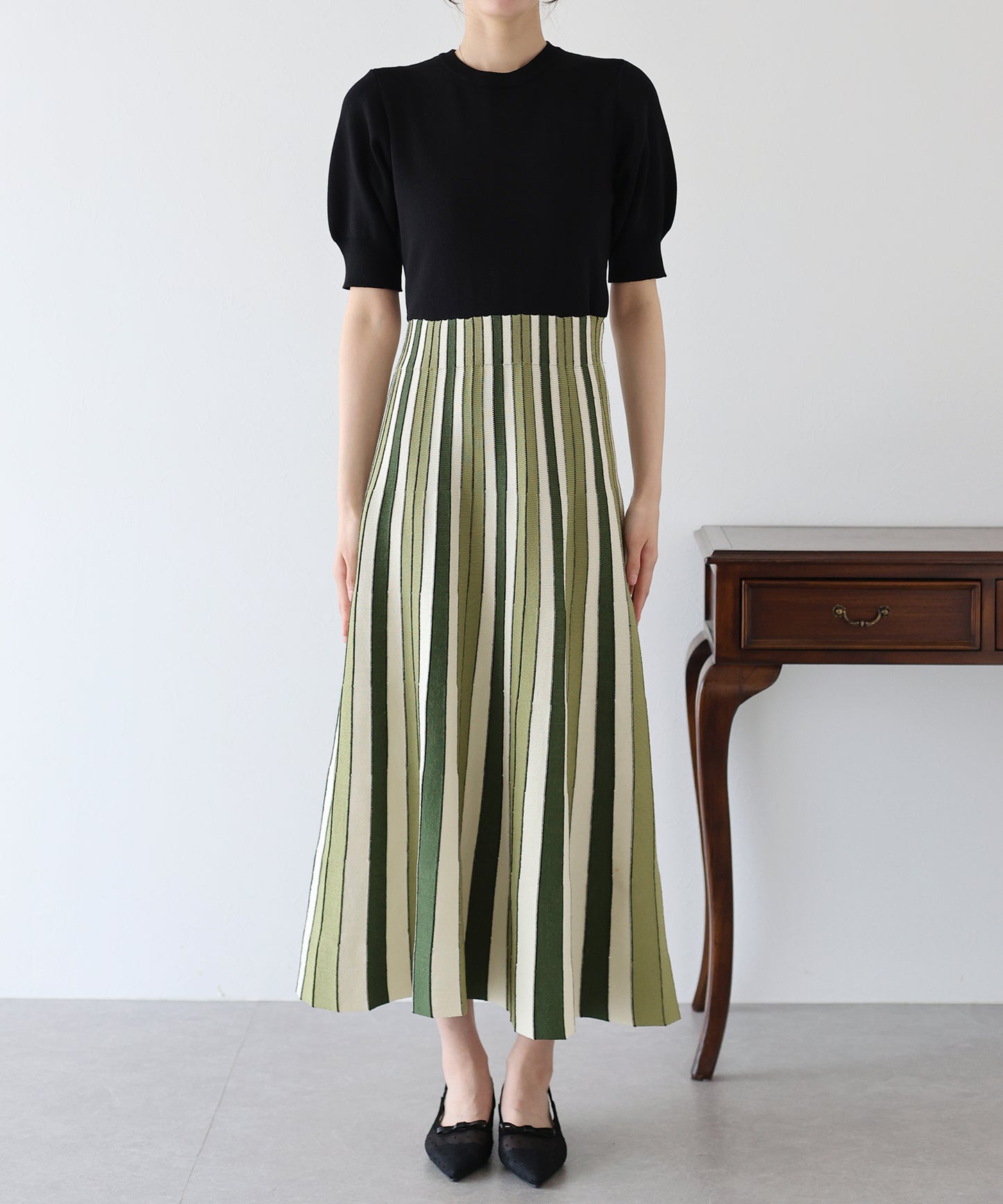 【SALE】配色ストライプニットスカートドッキングワンピース