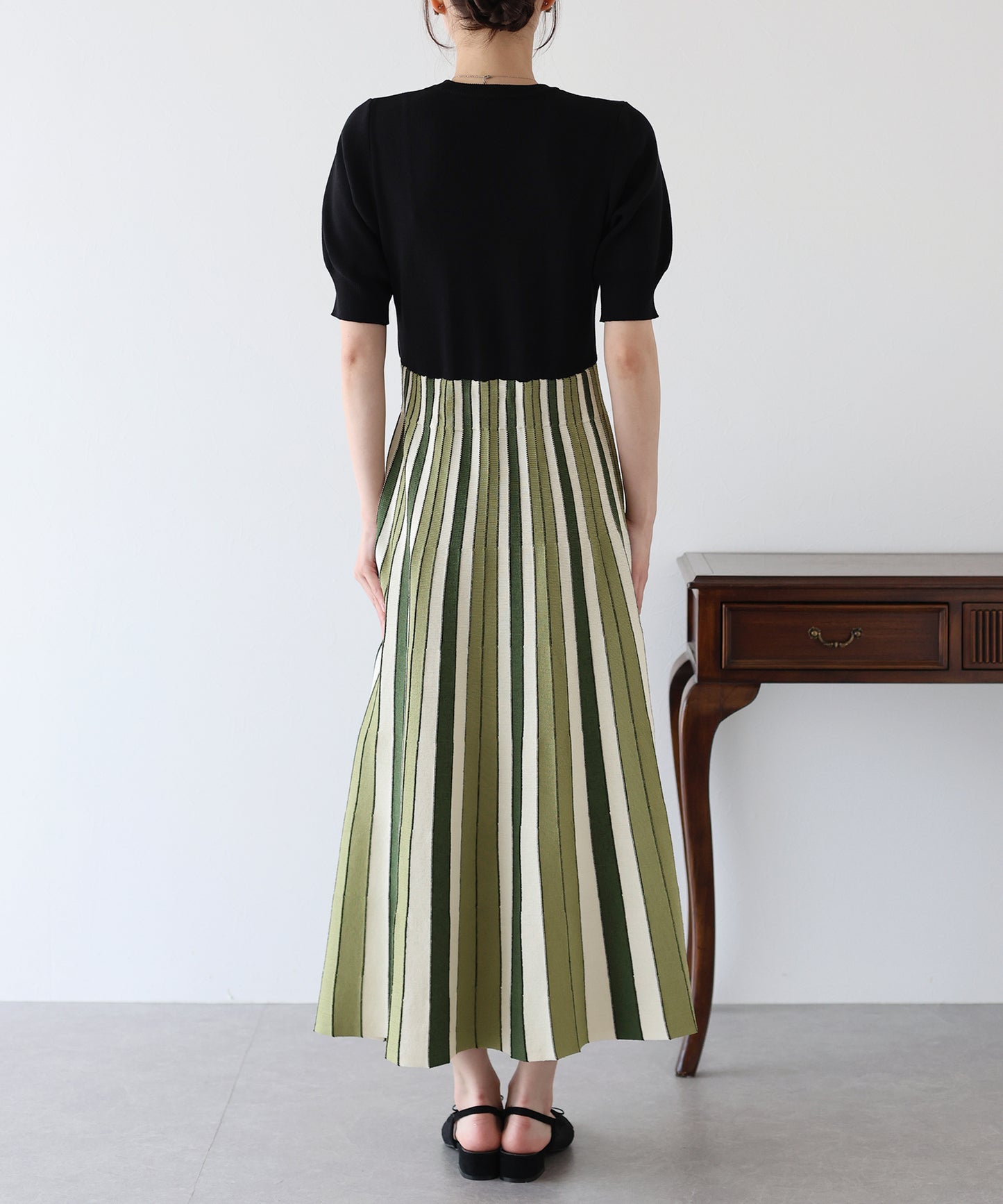 【SALE】配色ストライプニットスカートドッキングワンピース