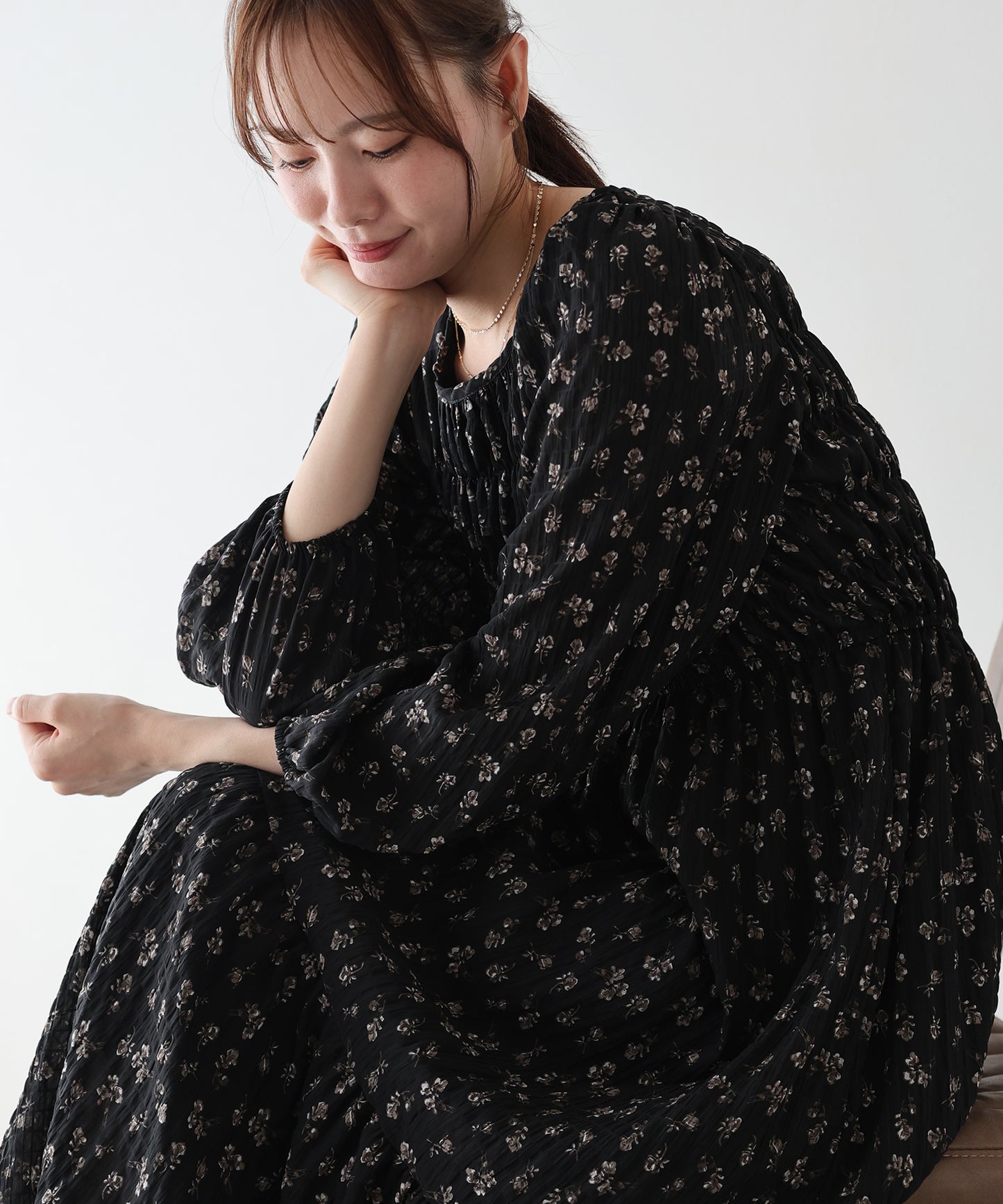 【早割5%OFF】花柄シャーリングワンピース