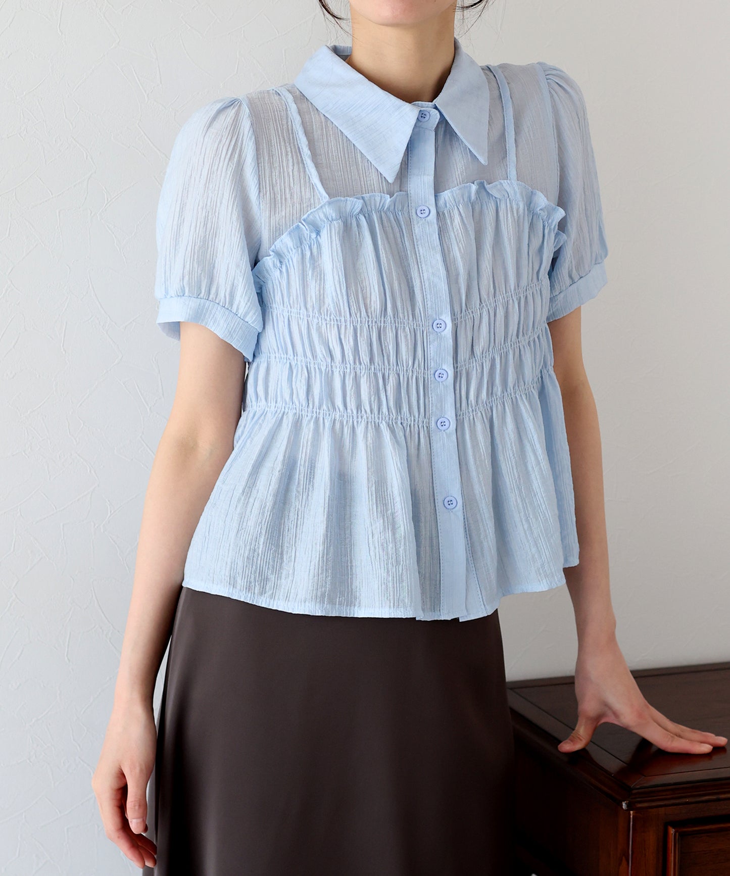 【TIME SALE】シャーリングビスチェレイヤードシアーシャツ【ネコポス】
