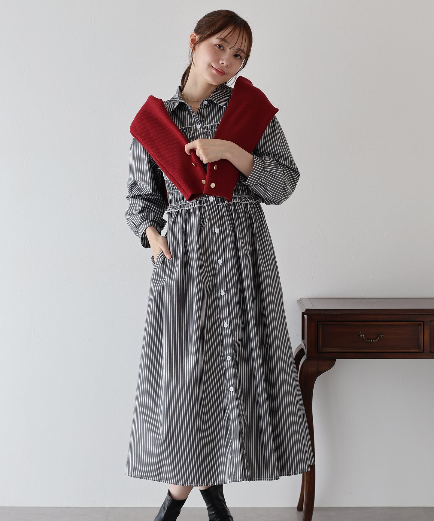 【早割5%OFF】シャーリングシャツワンピース