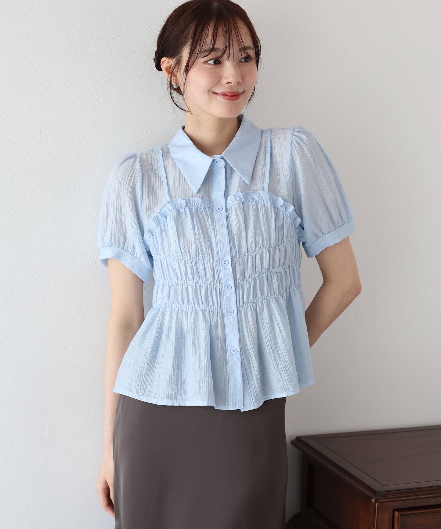 【TIME SALE】シャーリングビスチェレイヤードシアーシャツ【ネコポス】