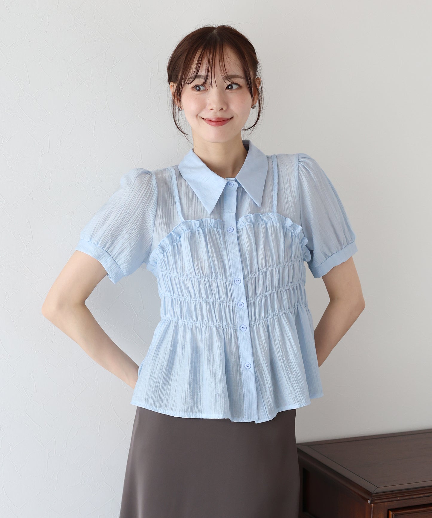 【TIME SALE】シャーリングビスチェレイヤードシアーシャツ【ネコポス】