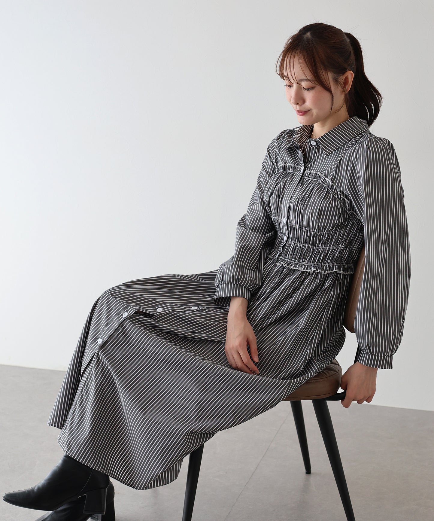 【早割5%OFF】シャーリングシャツワンピース