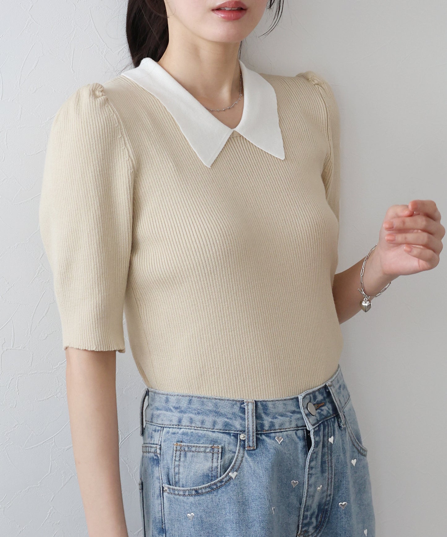 【SALE】白衿パフスリーブニット