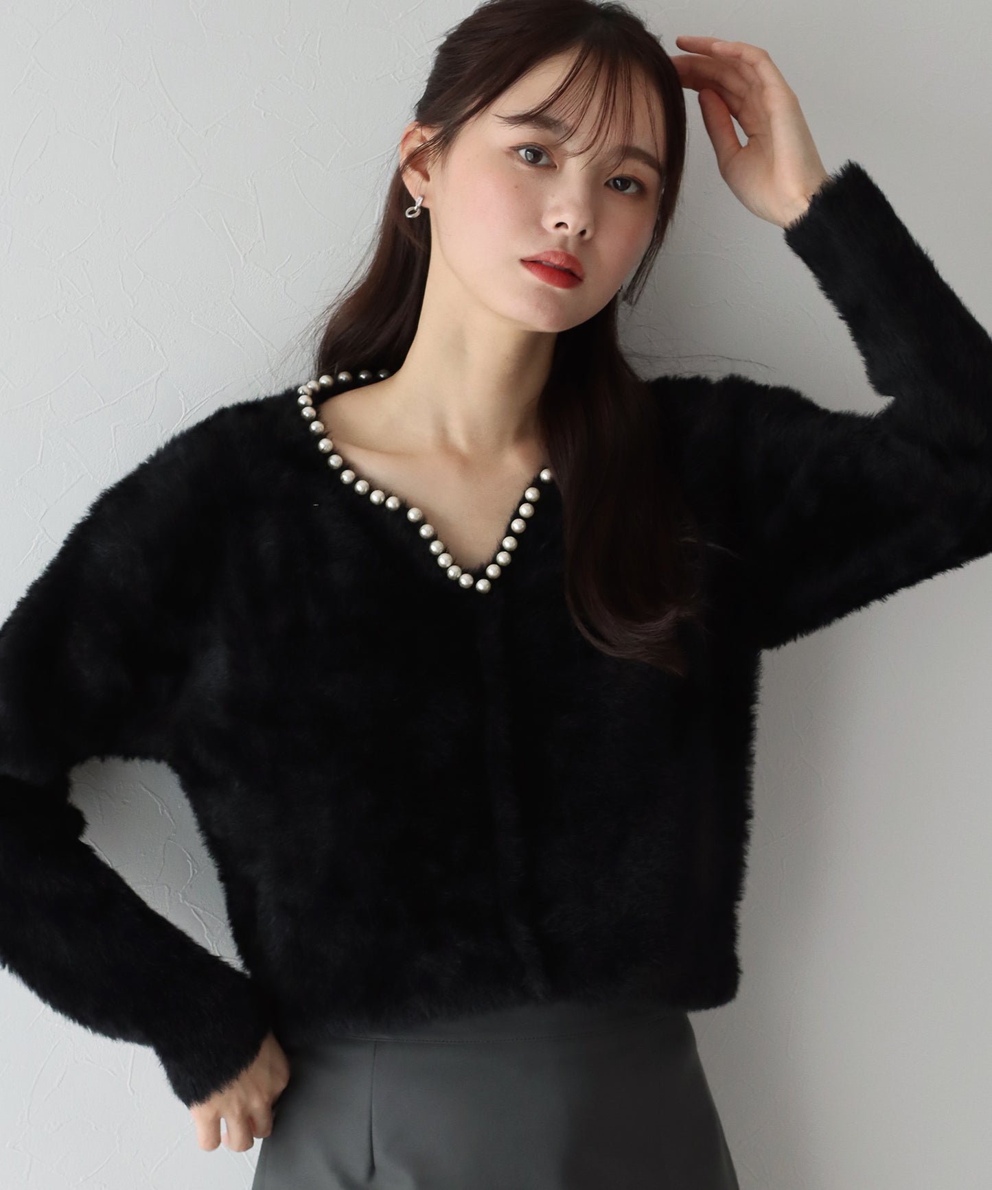 【SALE】パール付きシャギーニット