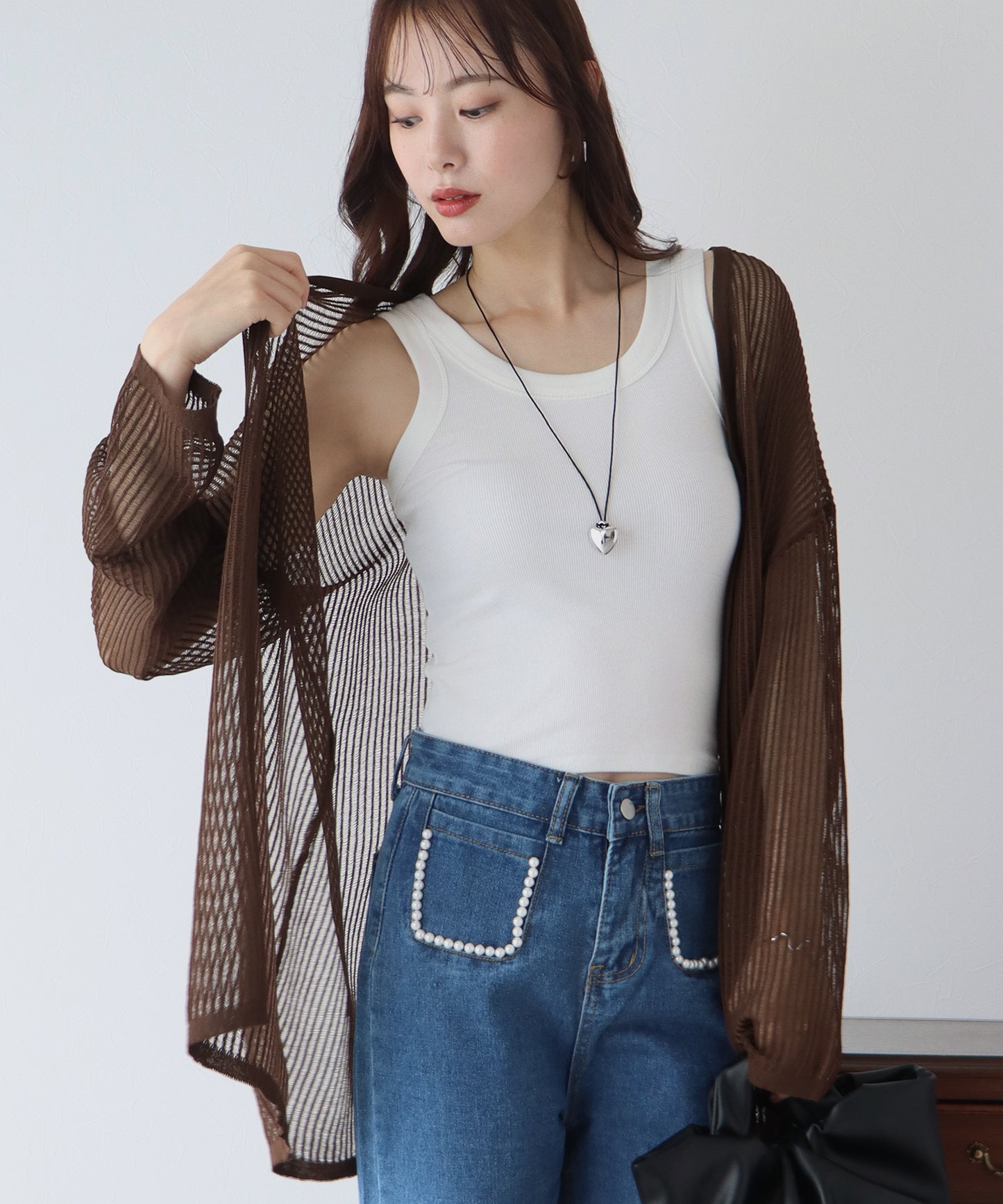 스트라이프 메쉬 가디건