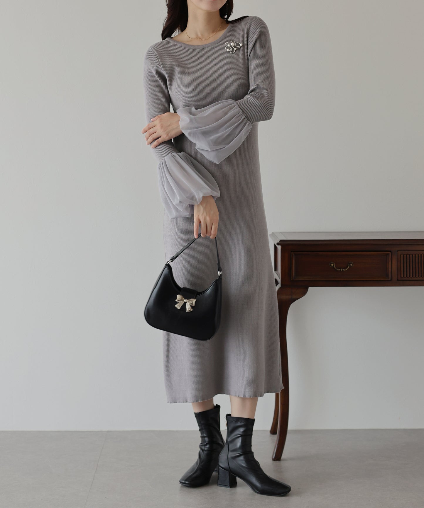【SALE】チュールカフスニットワンピース