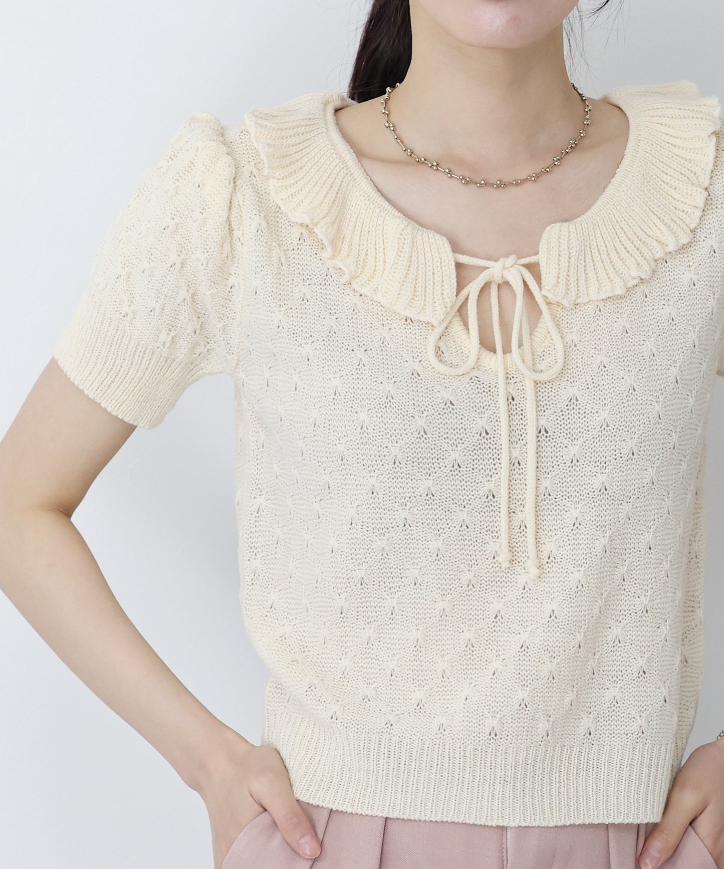 【SALE】フリル襟かぎ編みニット