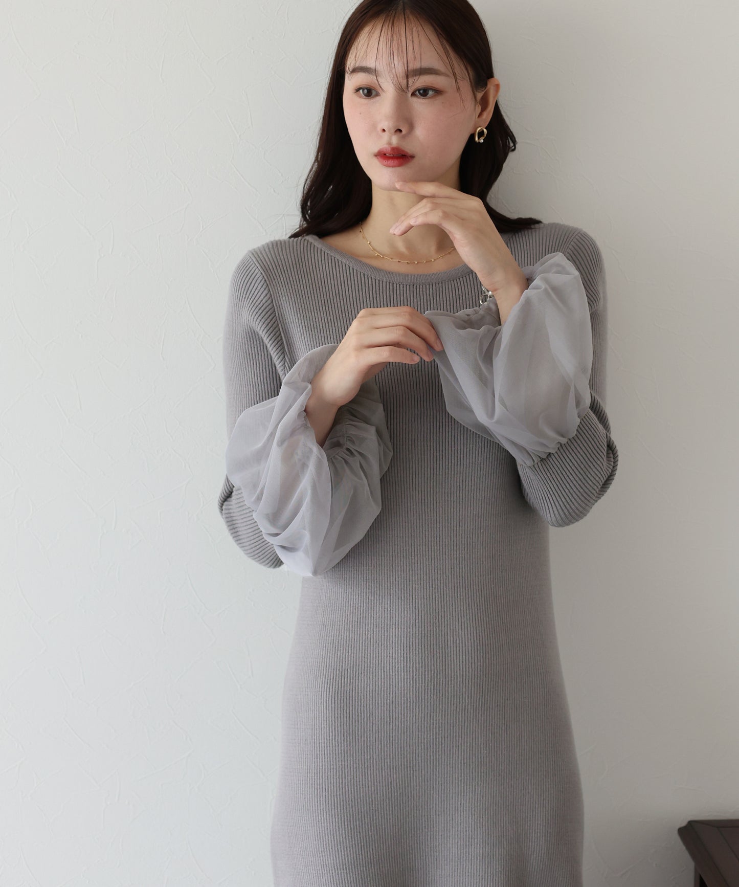 【SALE】チュールカフスニットワンピース