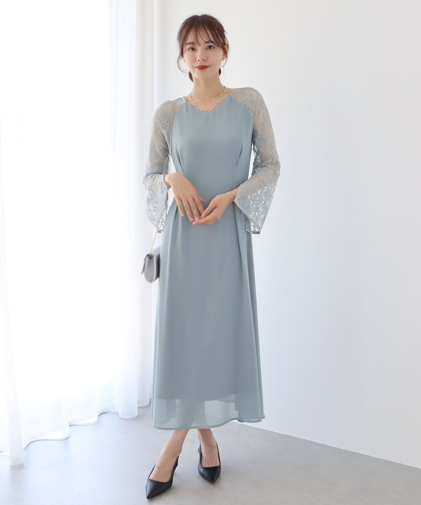 【SALE】レーススリットスリーブロング丈パーティードレス