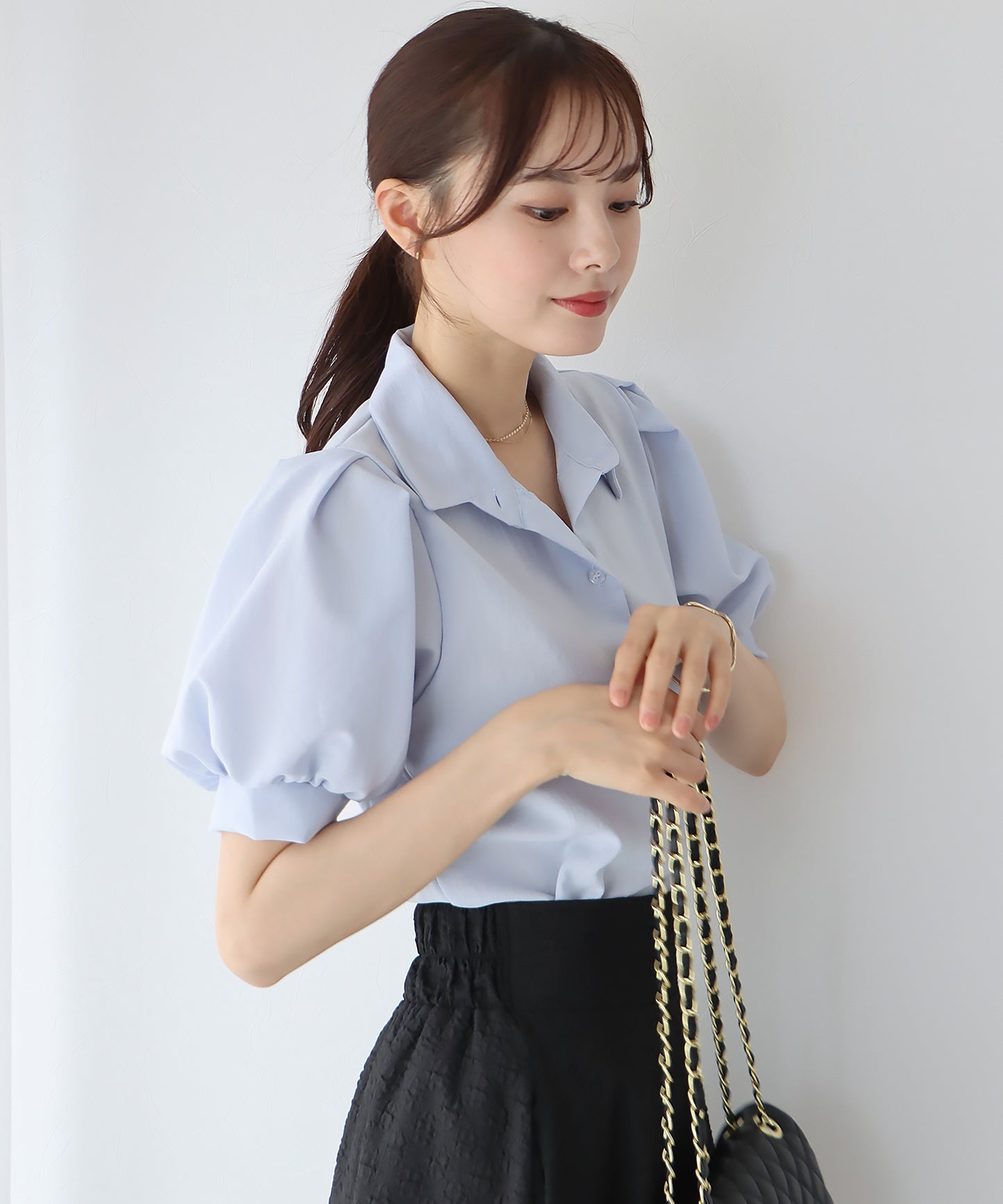 퍼프 슬리브 셔츠 【고양이 포스】