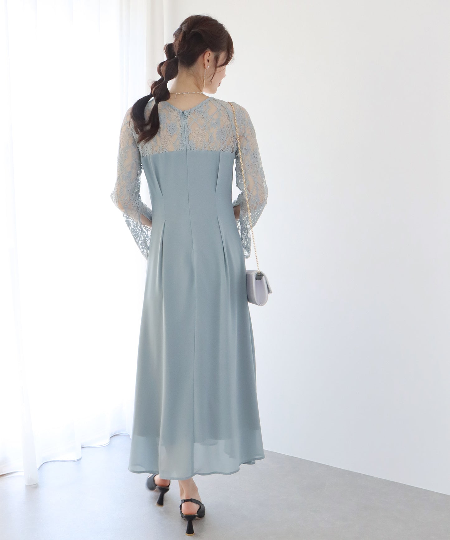 【SALE】レーススリットスリーブロング丈パーティードレス