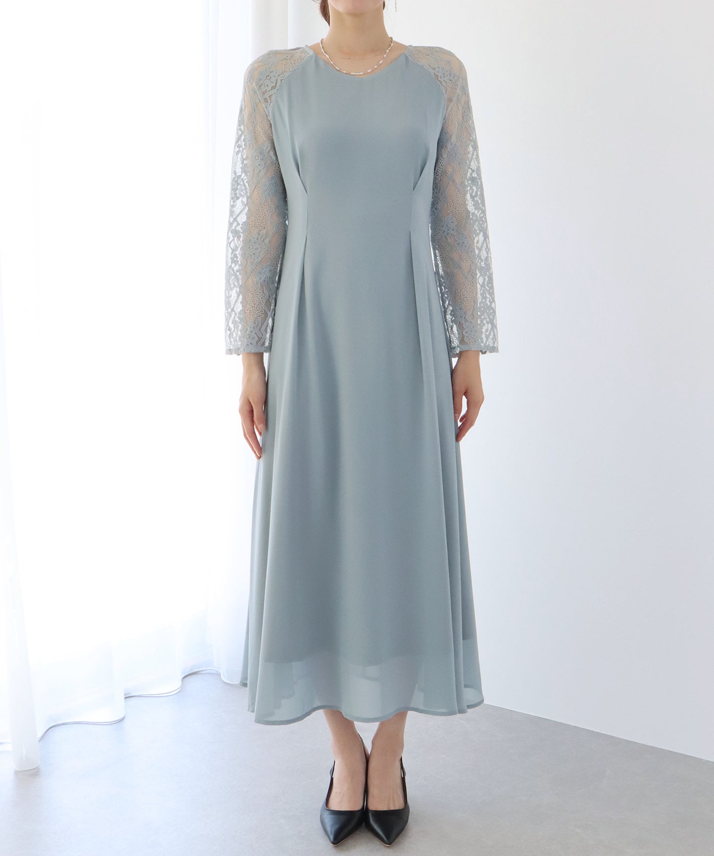 【SALE】レーススリットスリーブロング丈パーティードレス