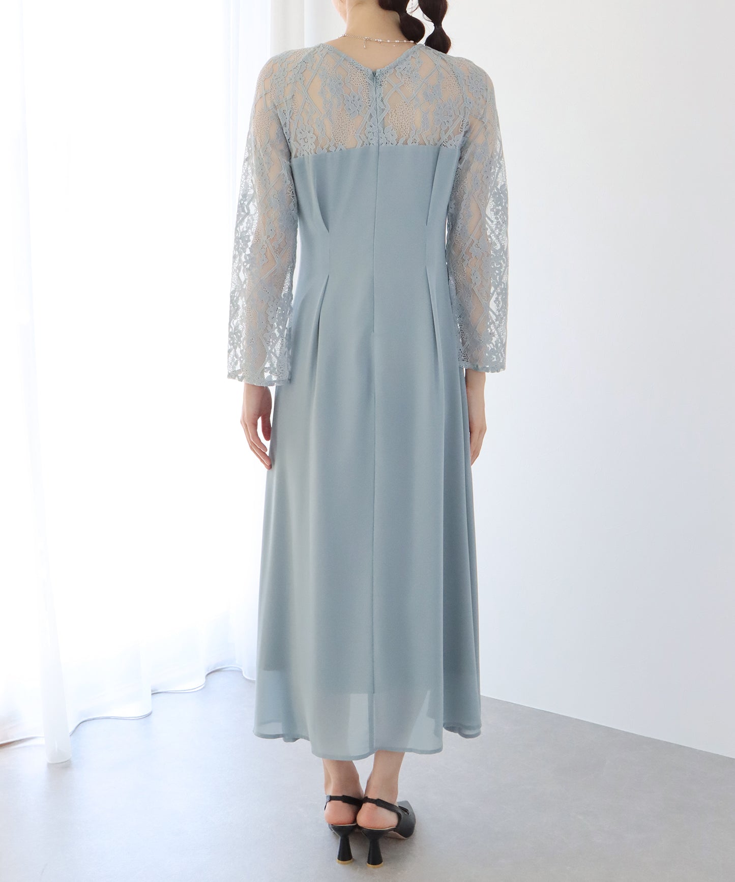 【SALE】レーススリットスリーブロング丈パーティードレス