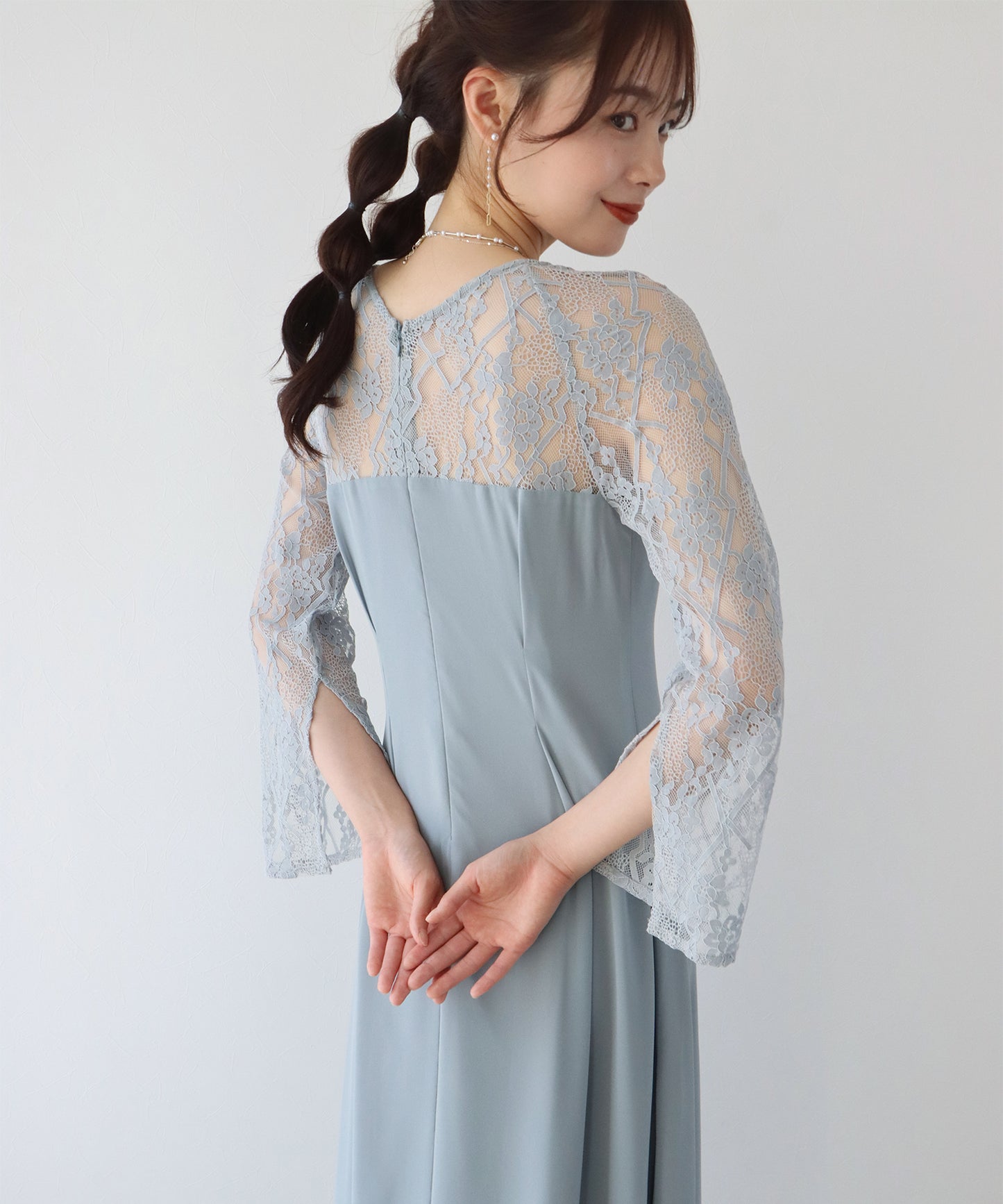 【SALE】レーススリットスリーブロング丈パーティードレス