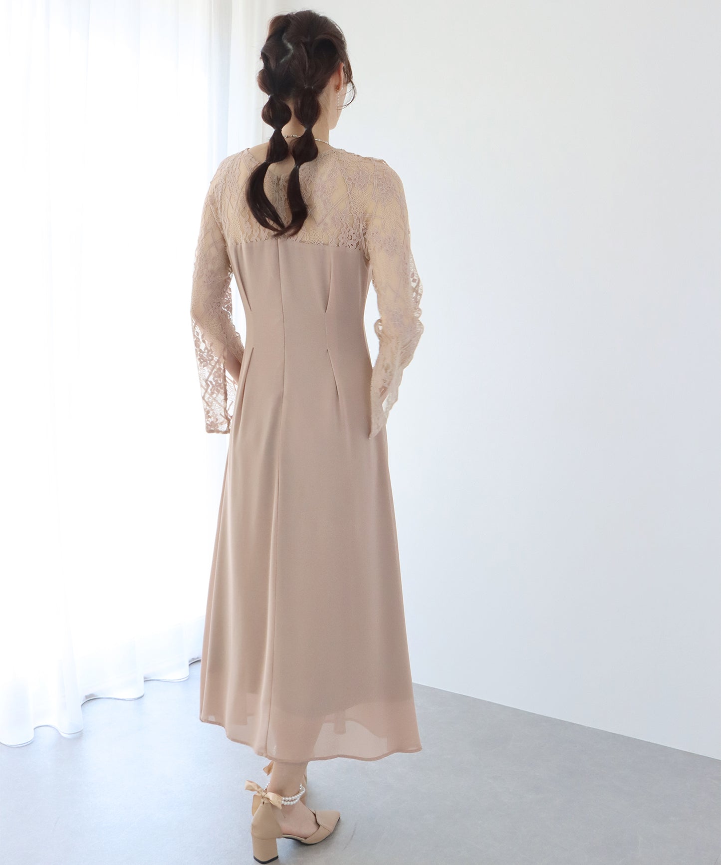 【SALE】レーススリットスリーブロング丈パーティードレス