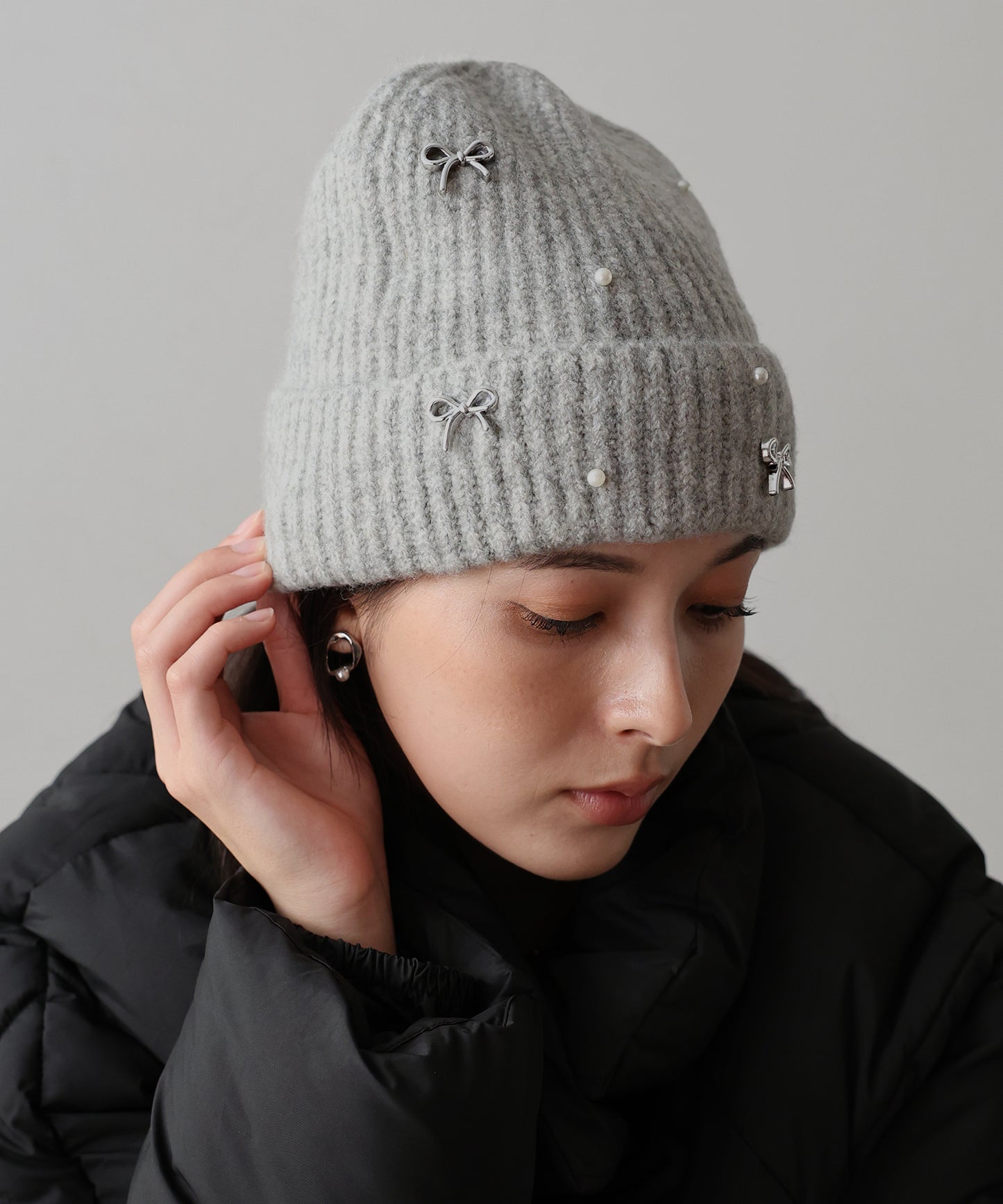 【SALE】パールリボンニット帽