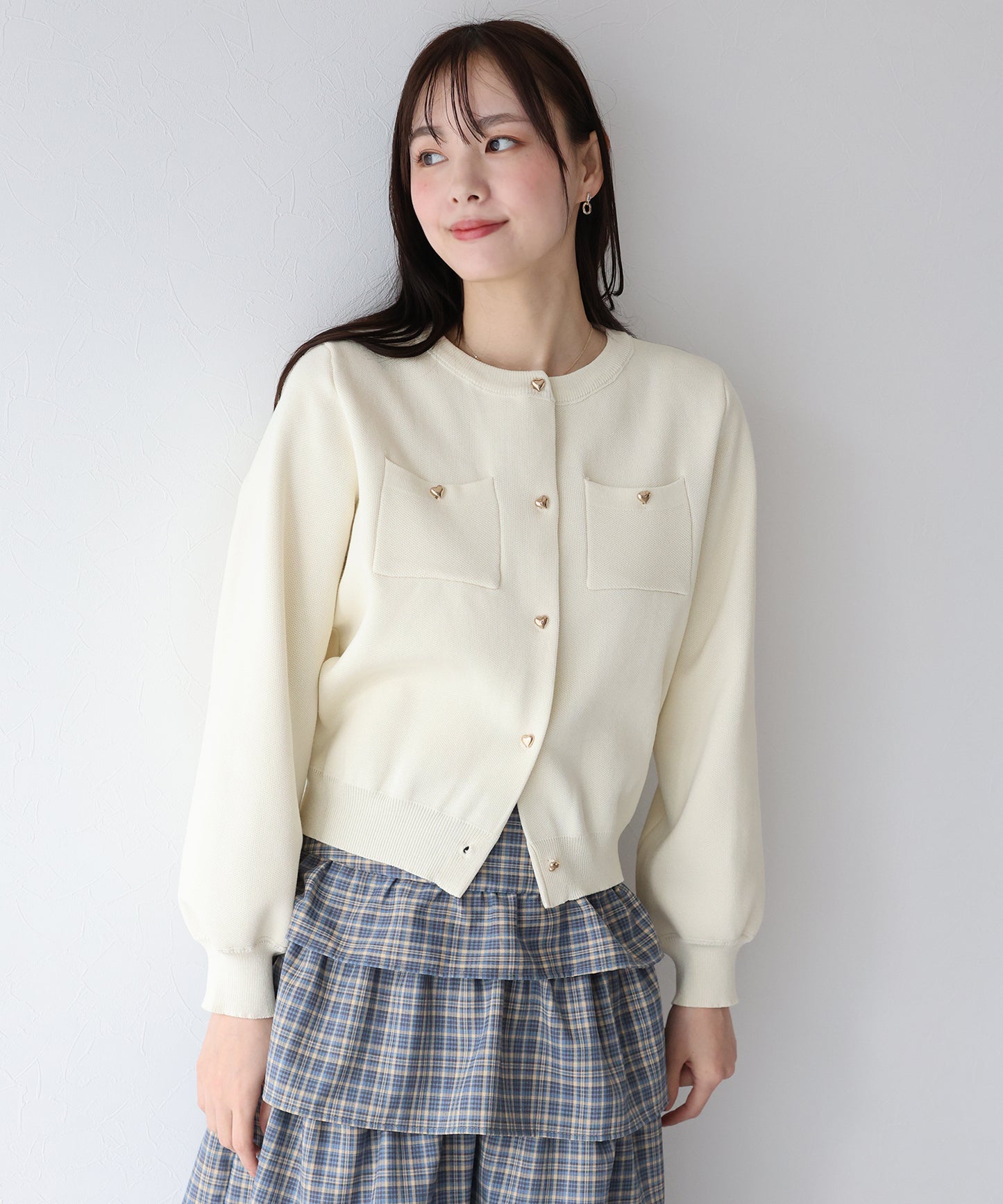【SALE】ぷっくりハートボタンポリニットカーディガン