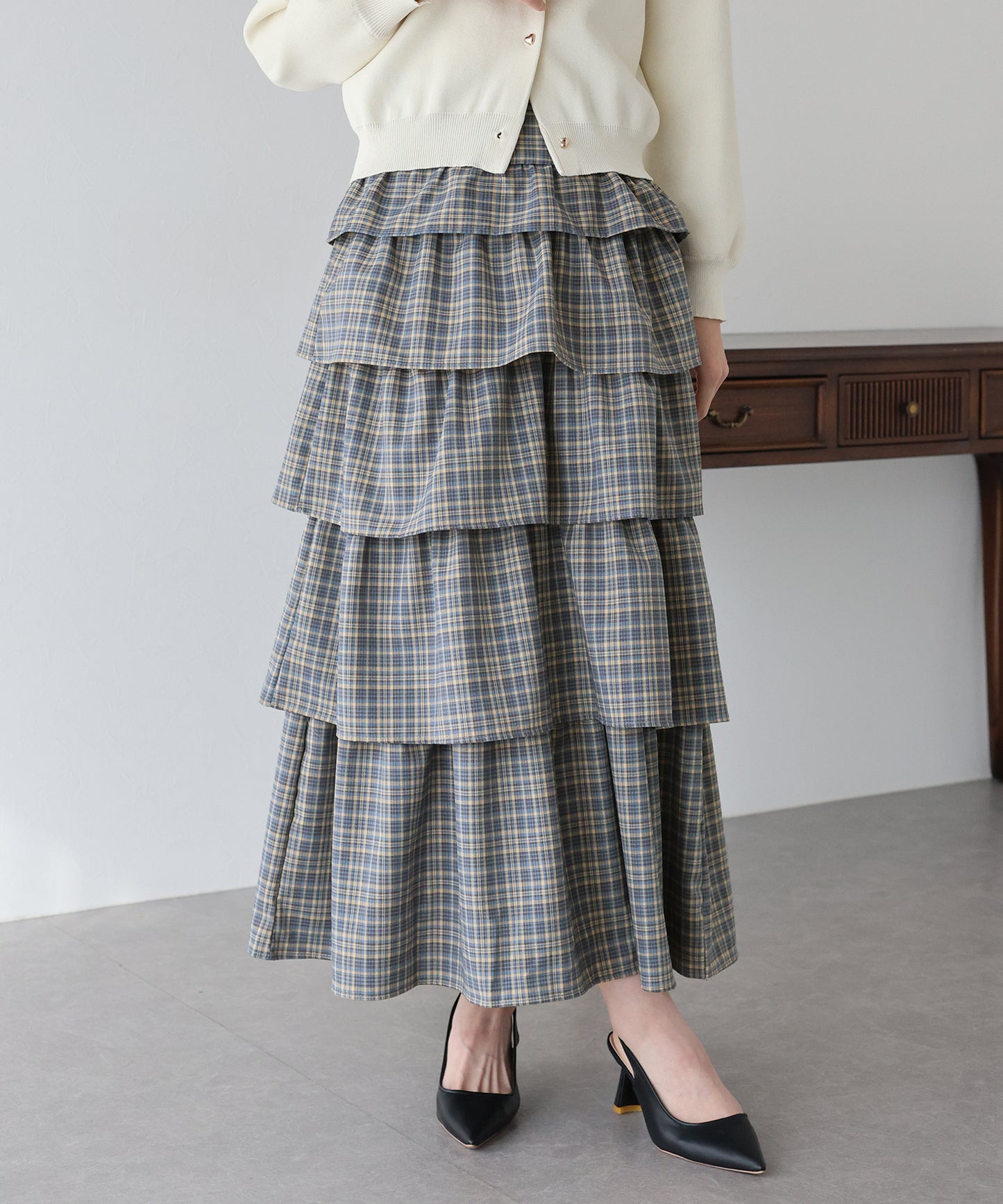 【SALE】チェック柄フリルティアードスカート