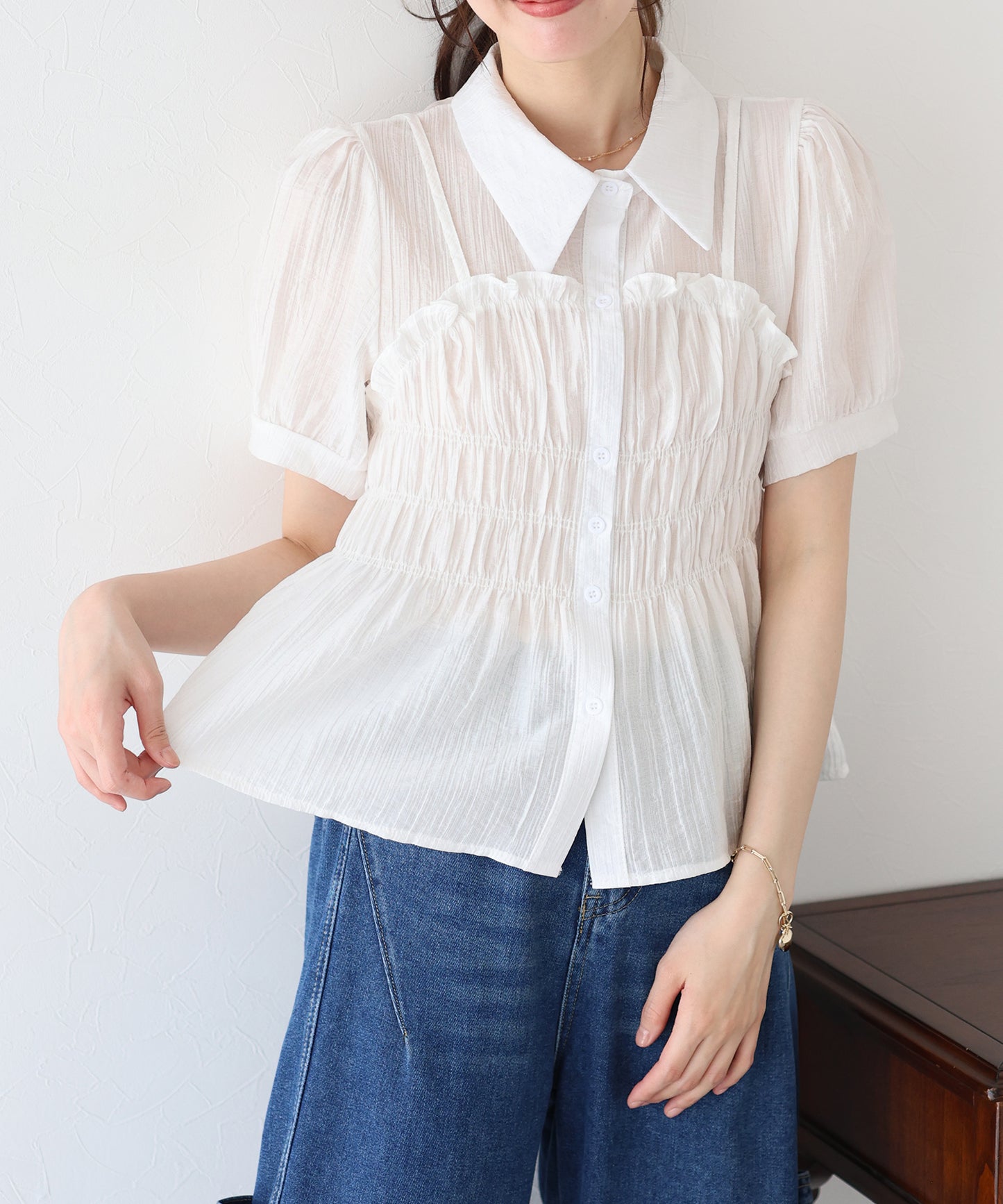 【TIME SALE】シャーリングビスチェレイヤードシアーシャツ【ネコポス】