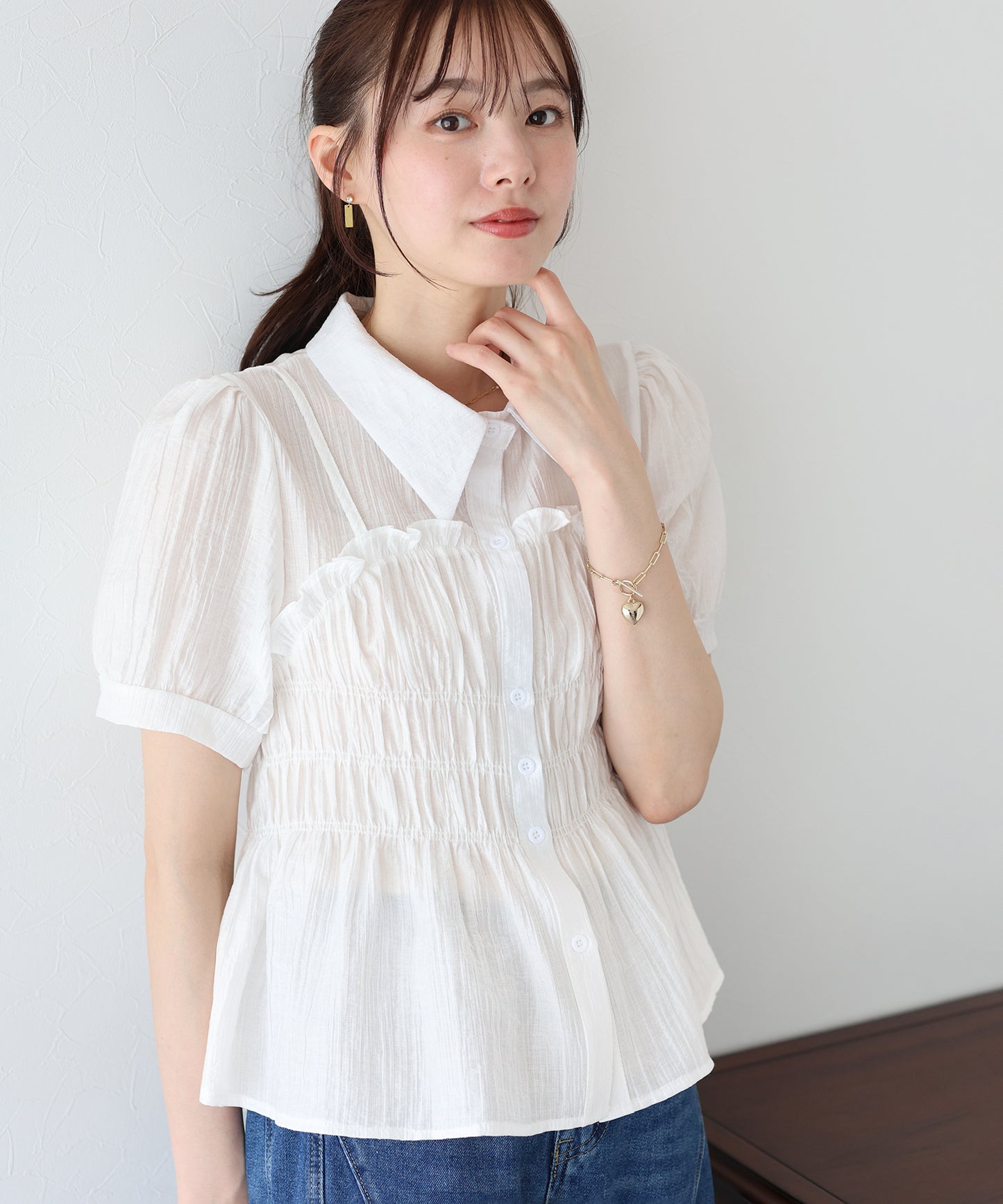 【TIME SALE】シャーリングビスチェレイヤードシアーシャツ【ネコポス】