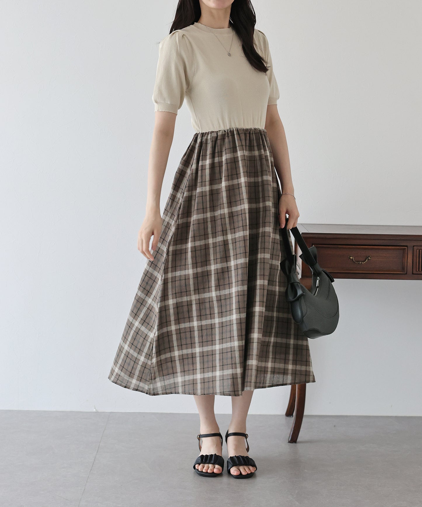 【TIME SALE】チェックドッキングワンピース