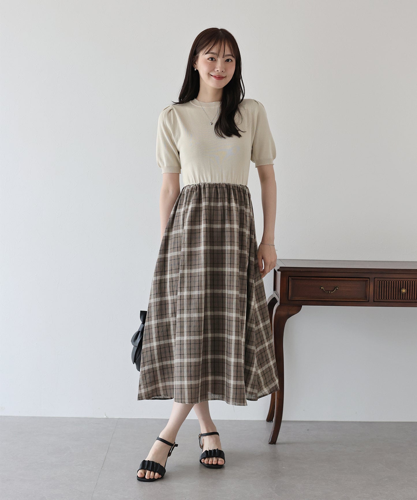 【TIME SALE】チェックドッキングワンピース